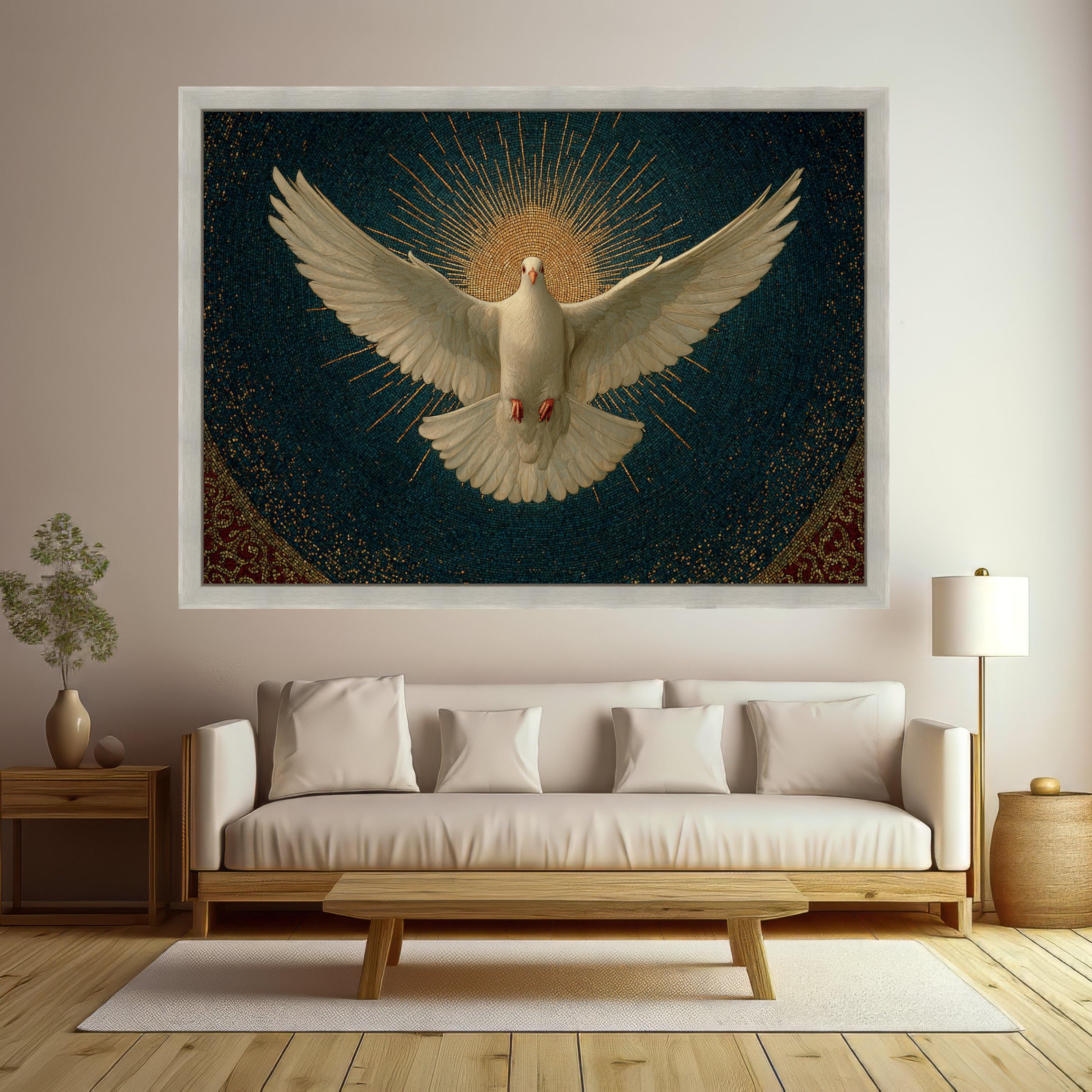 White Dove with Radiant Halo Canvas, Spiritual Wall Art, Peace Symbol Canvas, Religious Mosaic Design, Inspirational Home Decor