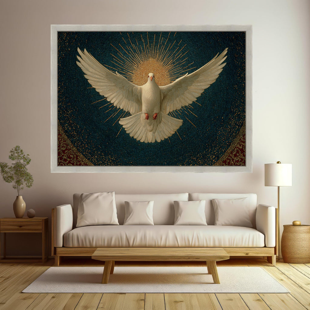 White Dove with Radiant Halo Canvas, Spiritual Wall Art, Peace Symbol Canvas, Religious Mosaic Design, Inspirational Home Decor