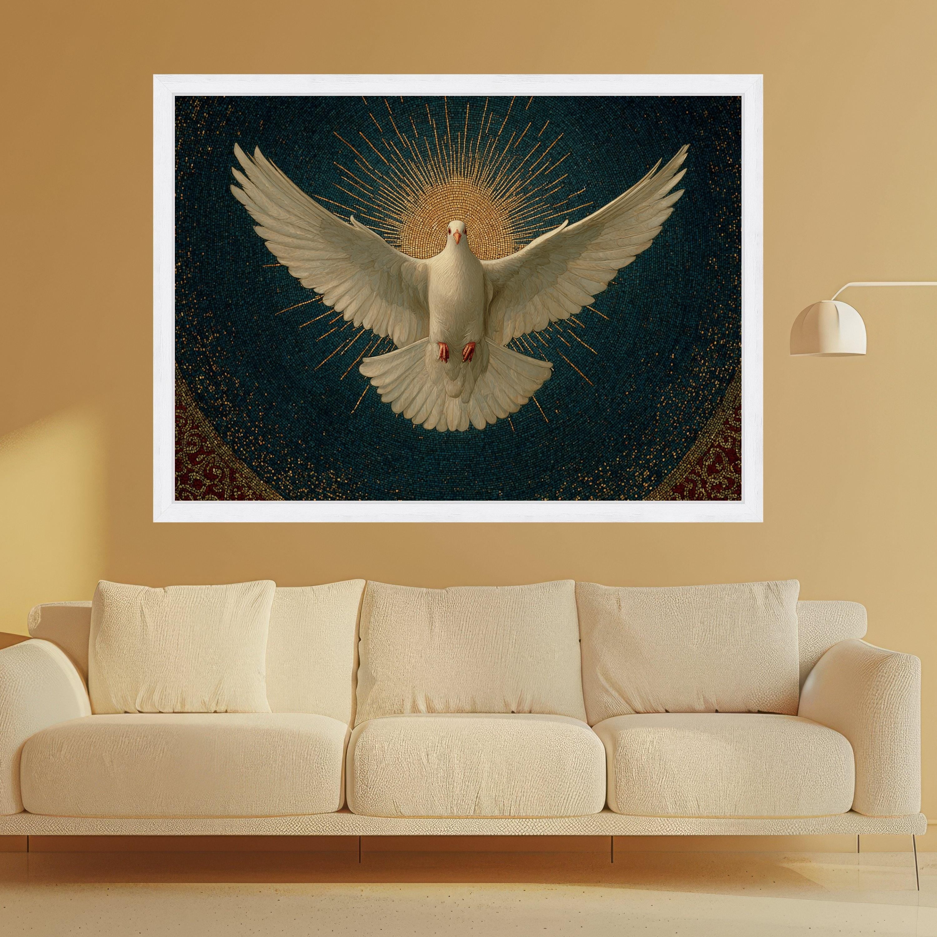 White Dove with Radiant Halo Canvas, Spiritual Wall Art, Peace Symbol Canvas, Religious Mosaic Design, Inspirational Home Decor