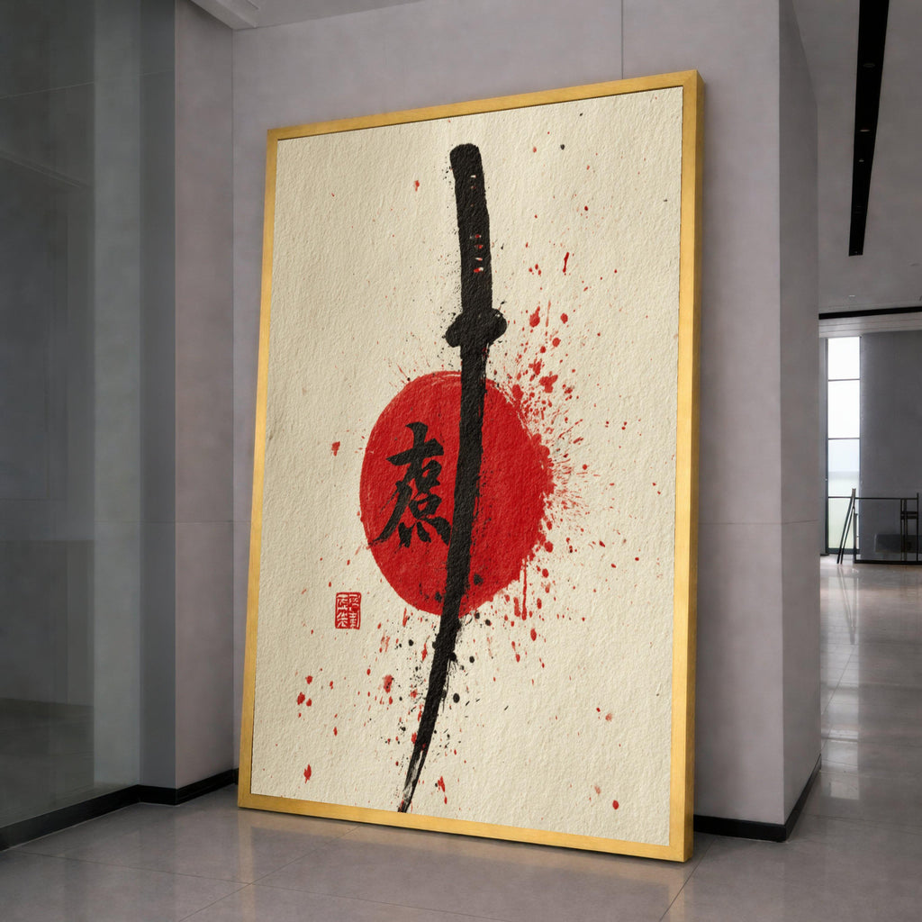 Samurai Sword Canvas Wall Art, Japanese Katana Painting, Red Sun Ink Splash, Asian Calligraphy Art, Modern Oriental Wall Decor