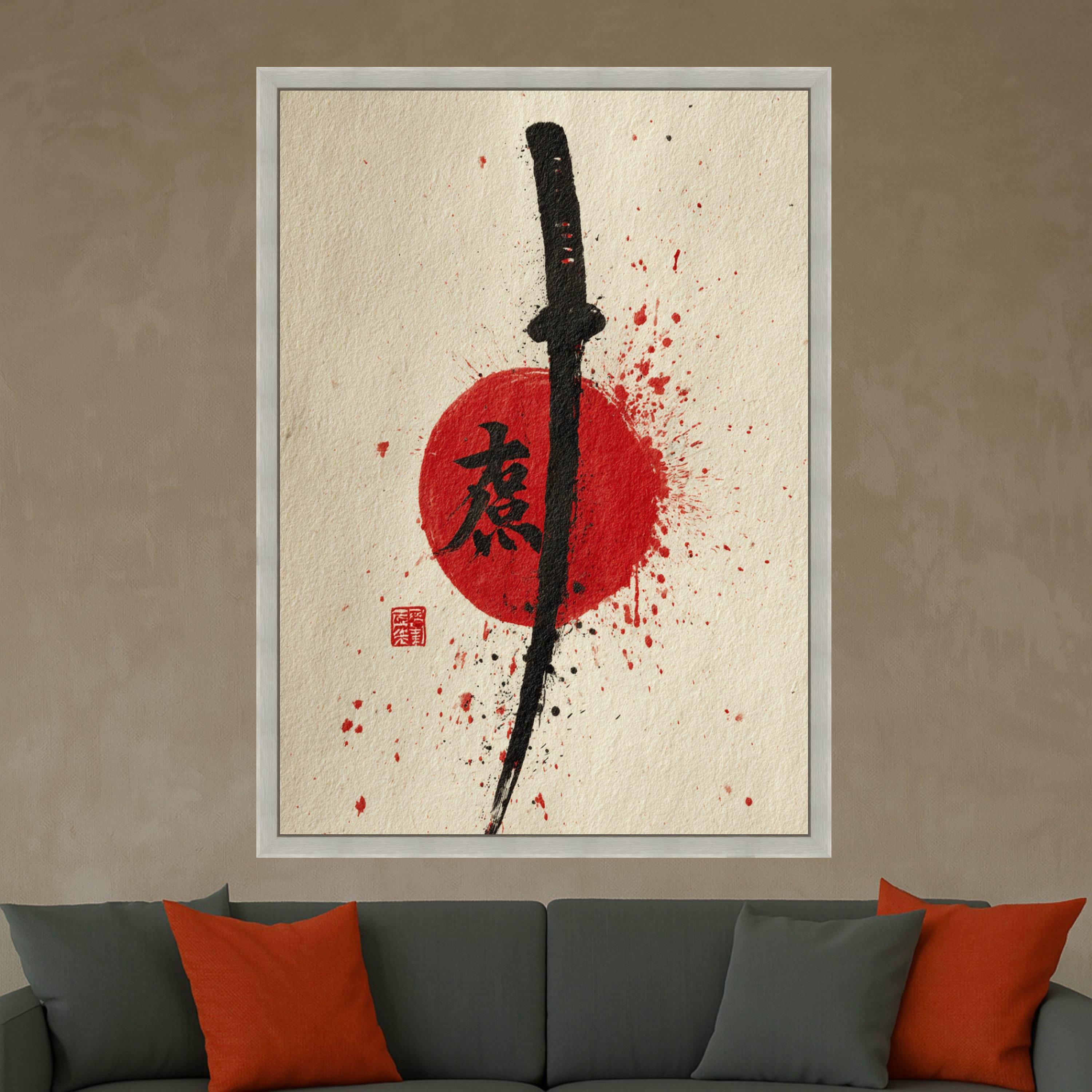 Samurai Sword Canvas Wall Art, Japanese Katana Painting, Red Sun Ink Splash, Asian Calligraphy Art, Modern Oriental Wall Decor