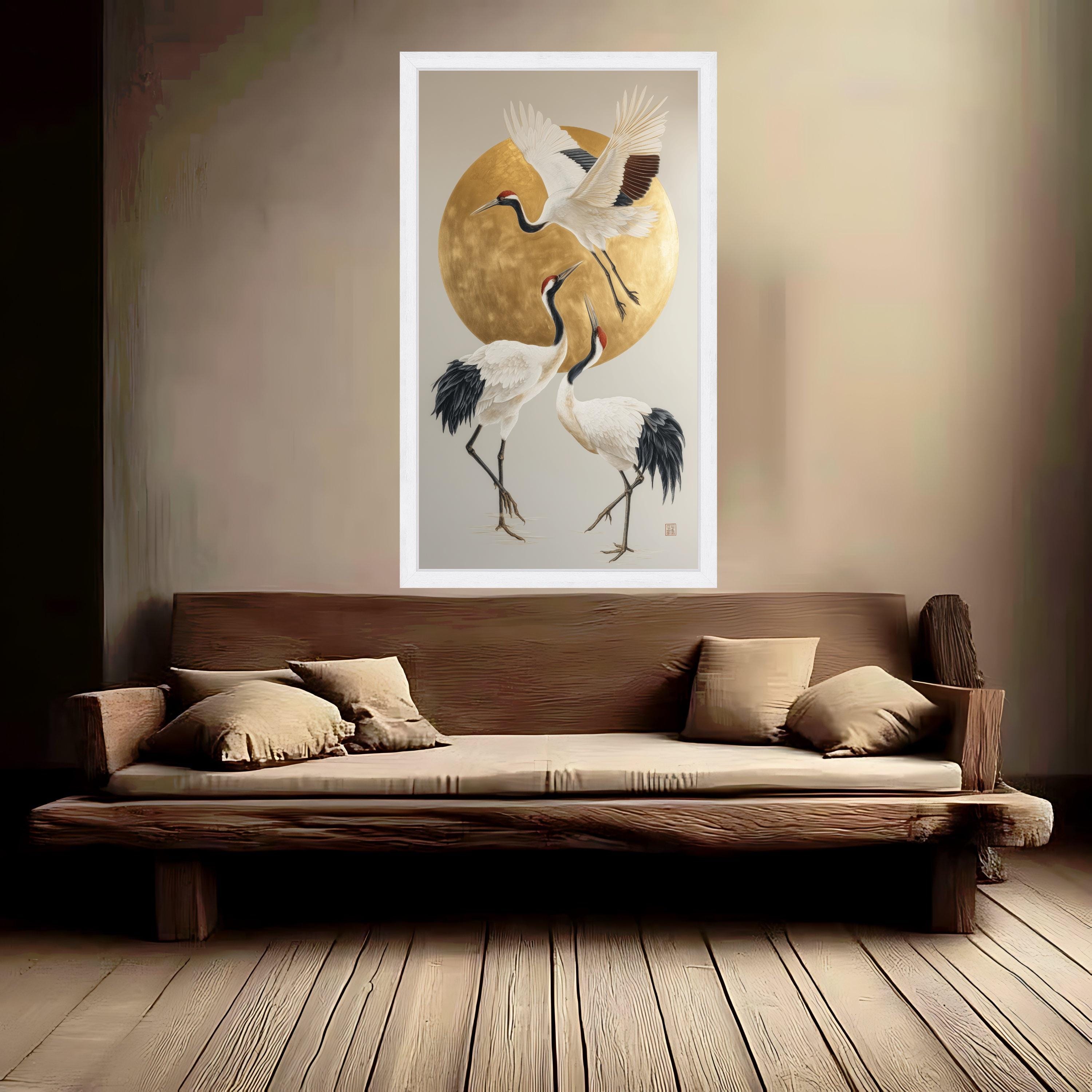 Elegant Red-Crowned Cranes Canvas Wall Art, Japanese Crane Painting, Gold Circle Background, Asian Inspired Bird Artwork, Modern Nature