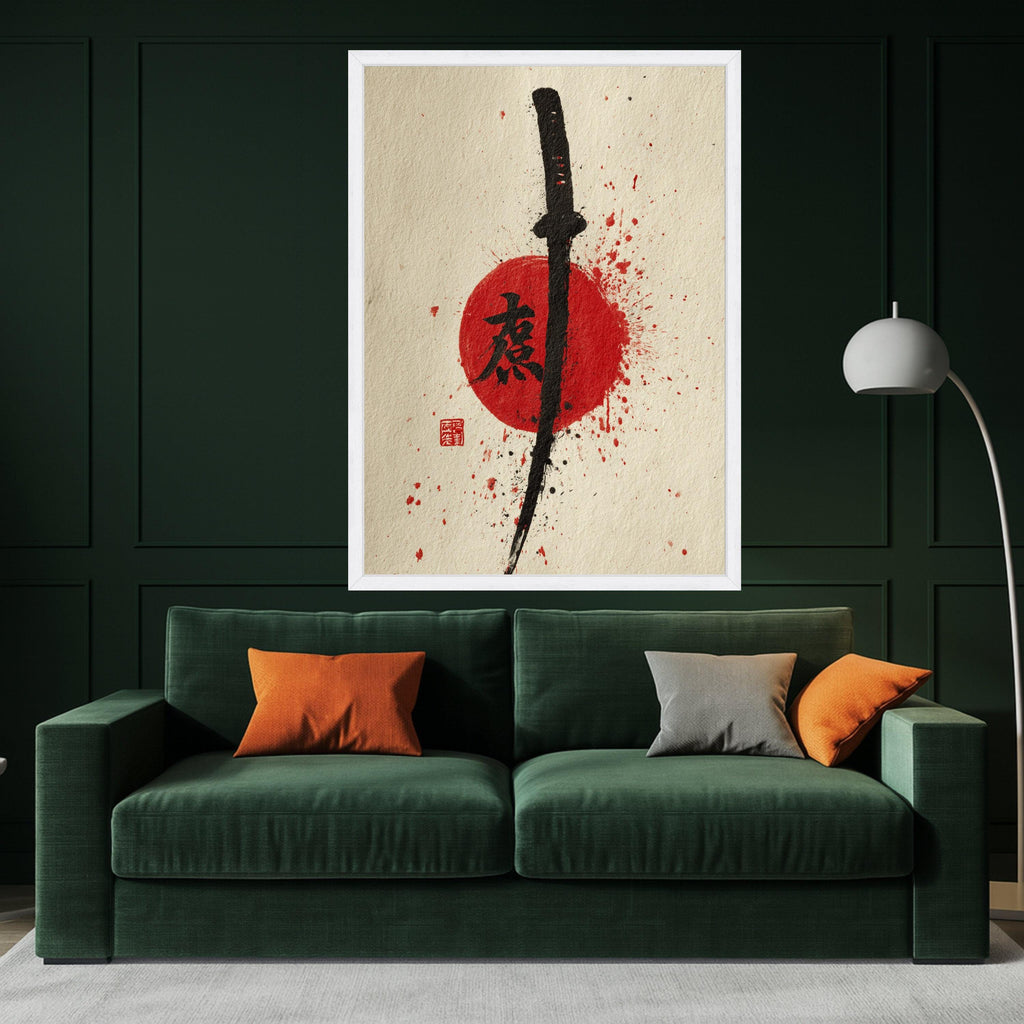 Samurai Sword Canvas Wall Art, Japanese Katana Painting, Red Sun Ink Splash, Asian Calligraphy Art, Modern Oriental Wall Decor