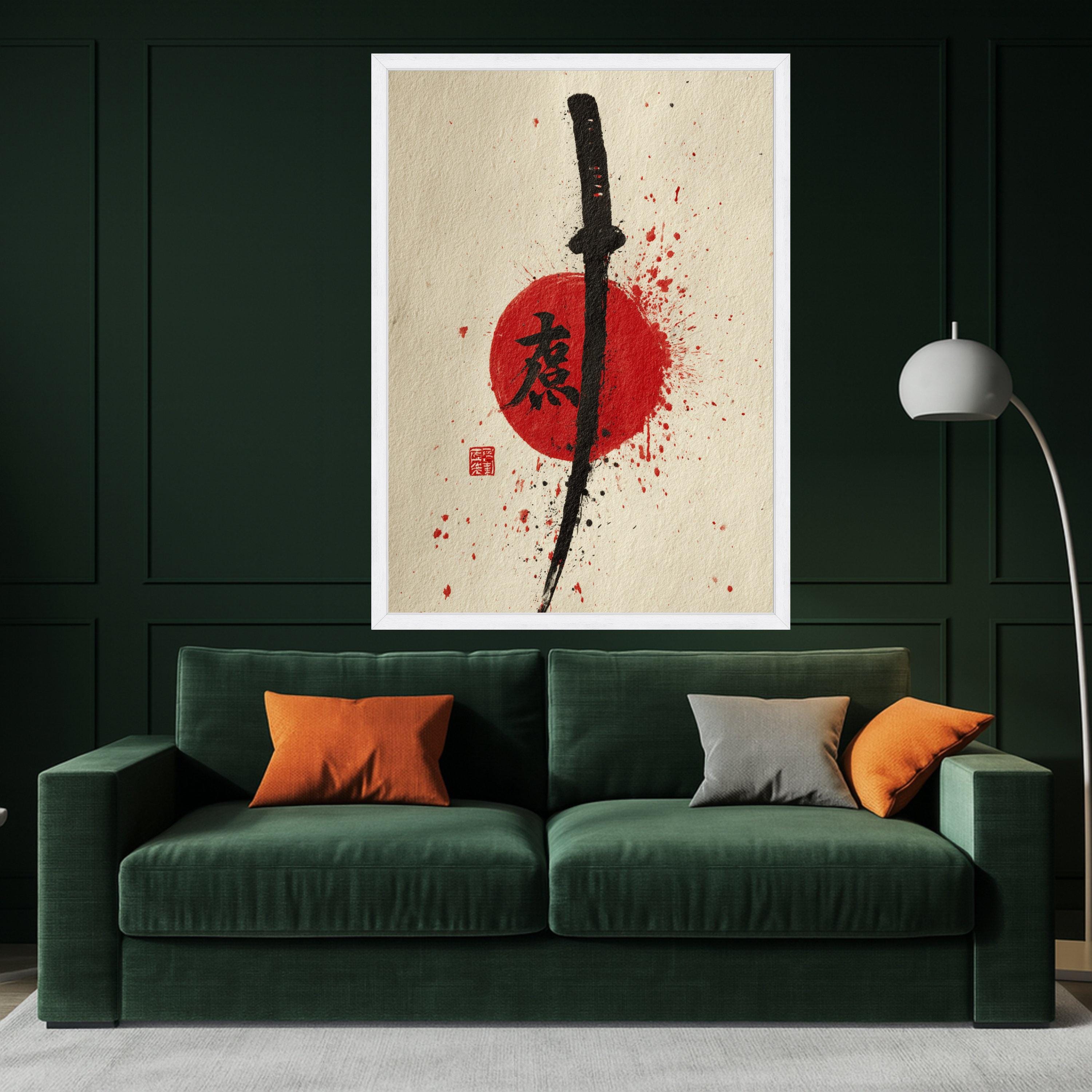 Samurai Sword Canvas Wall Art, Japanese Katana Painting, Red Sun Ink Splash, Asian Calligraphy Art, Modern Oriental Wall Decor