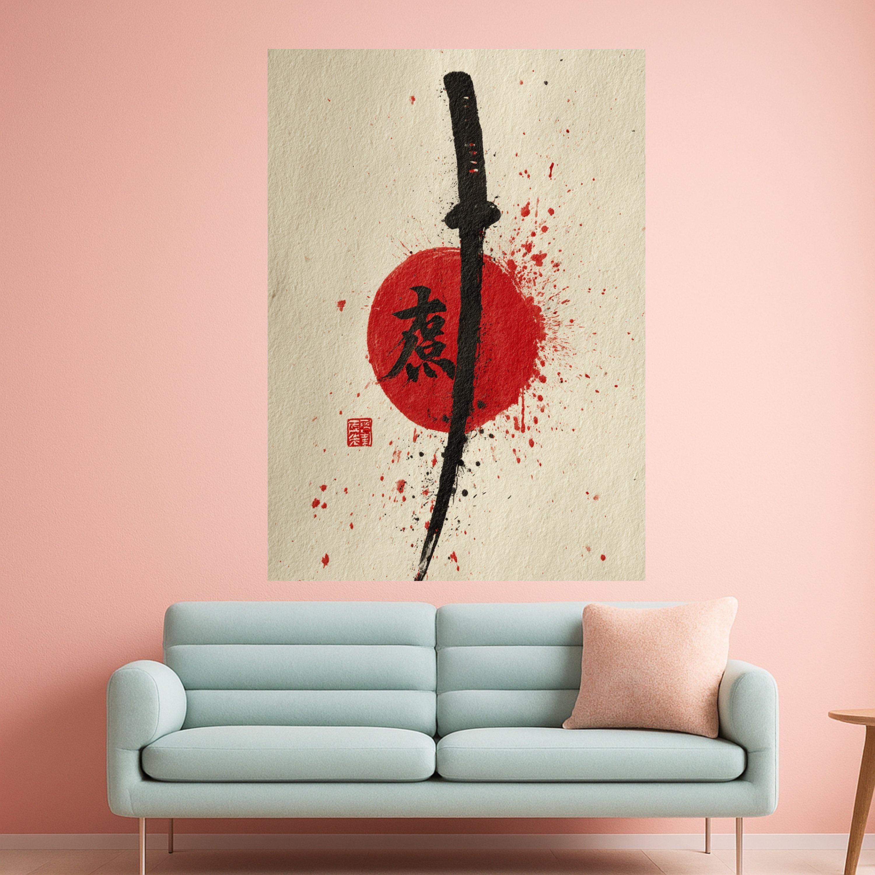 Samurai Sword Canvas Wall Art, Japanese Katana Painting, Red Sun Ink Splash, Asian Calligraphy Art, Modern Oriental Wall Decor