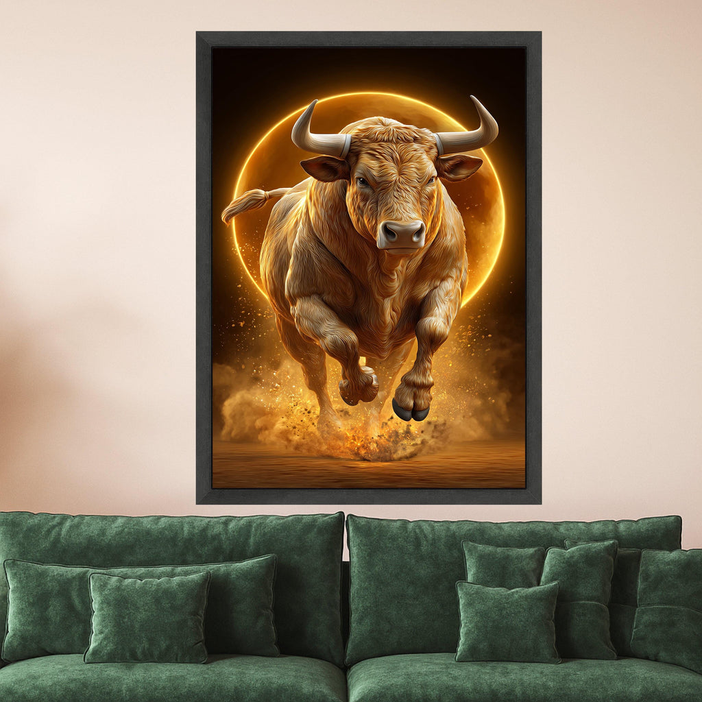 Powerful Bull Charging Canvas Wall Art, Golden Light Animal Print, Strength and Energy Home Decor, Dynamic Wildlife Canvas, Ready to Hang