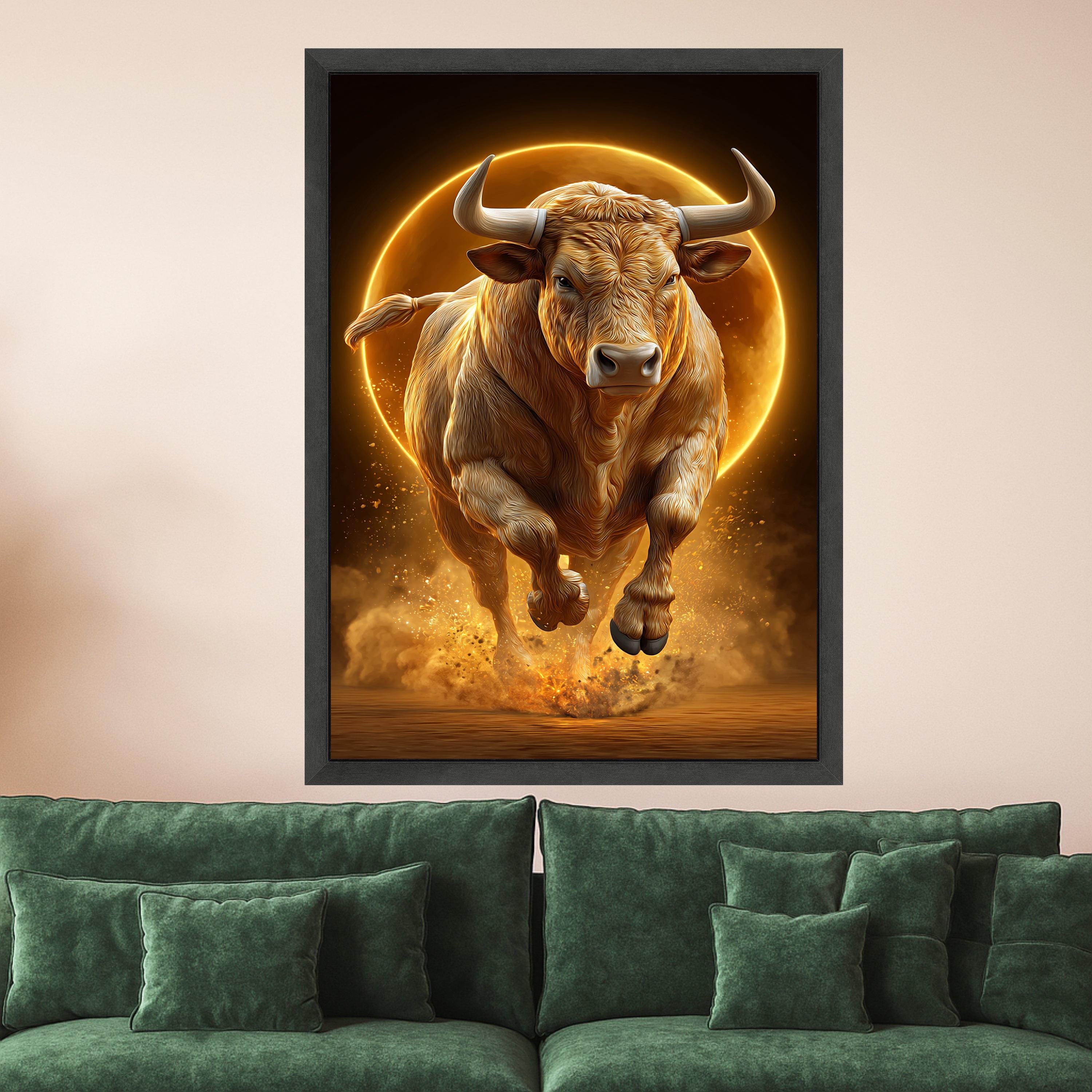 Powerful Bull Charging Canvas Wall Art, Golden Light Animal Print, Strength and Energy Home Decor, Dynamic Wildlife Canvas, Ready to Hang