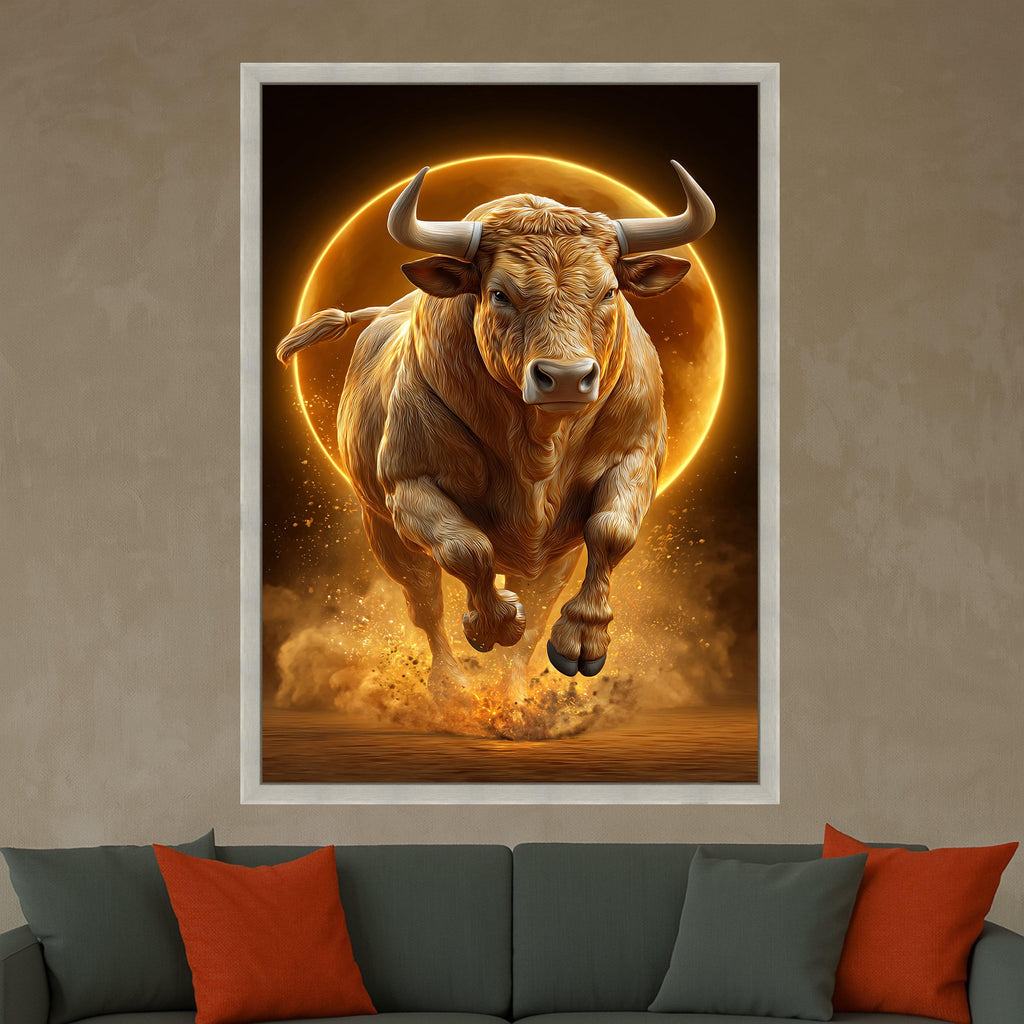 Powerful Bull Charging Canvas Wall Art, Golden Light Animal Print, Strength and Energy Home Decor, Dynamic Wildlife Canvas, Ready to Hang