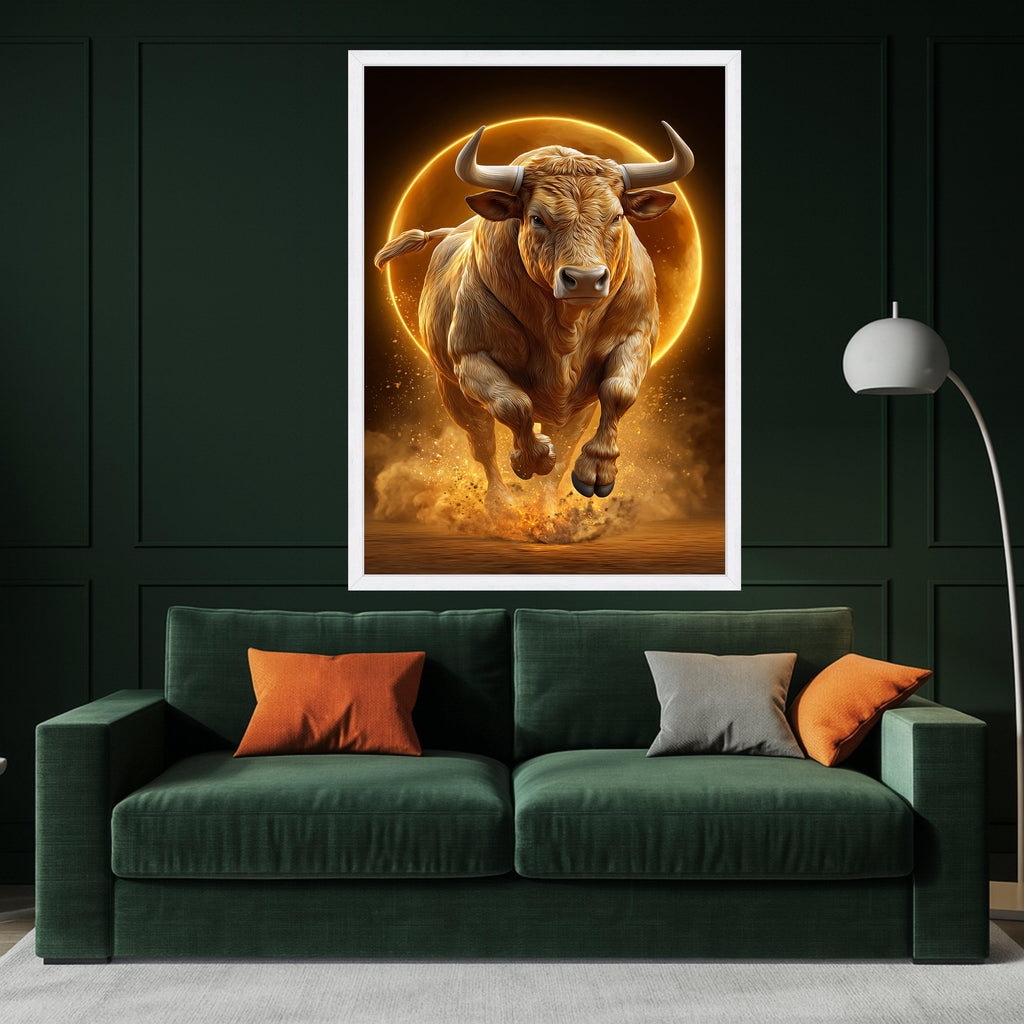 Powerful Bull Charging Canvas Wall Art, Golden Light Animal Print, Strength and Energy Home Decor, Dynamic Wildlife Canvas, Ready to Hang