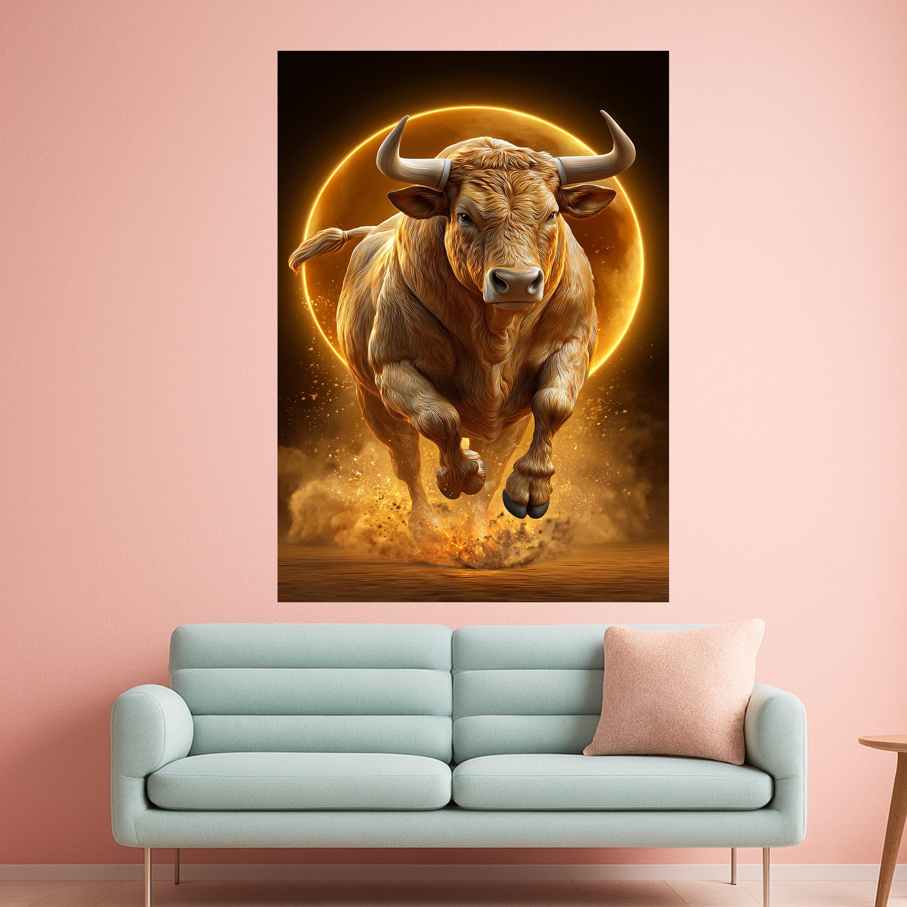 Powerful Bull Charging Canvas Wall Art, Golden Light Animal Print, Strength and Energy Home Decor, Dynamic Wildlife Canvas, Ready to Hang