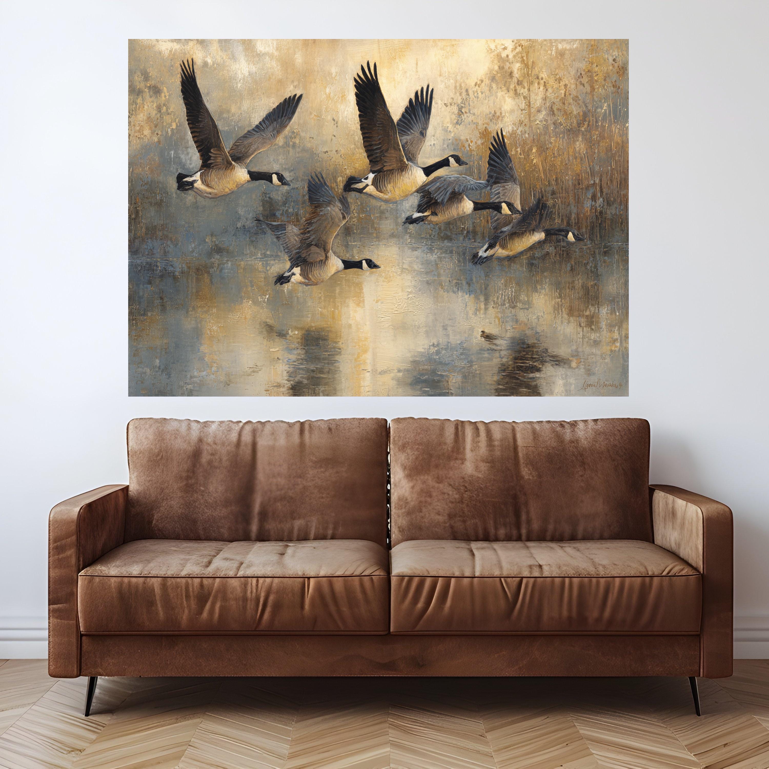 Flying Canada Geese Canvas Wall Art, Nature Birds in Flight Painting, Rustic Wildlife Home Decor, Neutral Color Landscape Canvas, Ready to