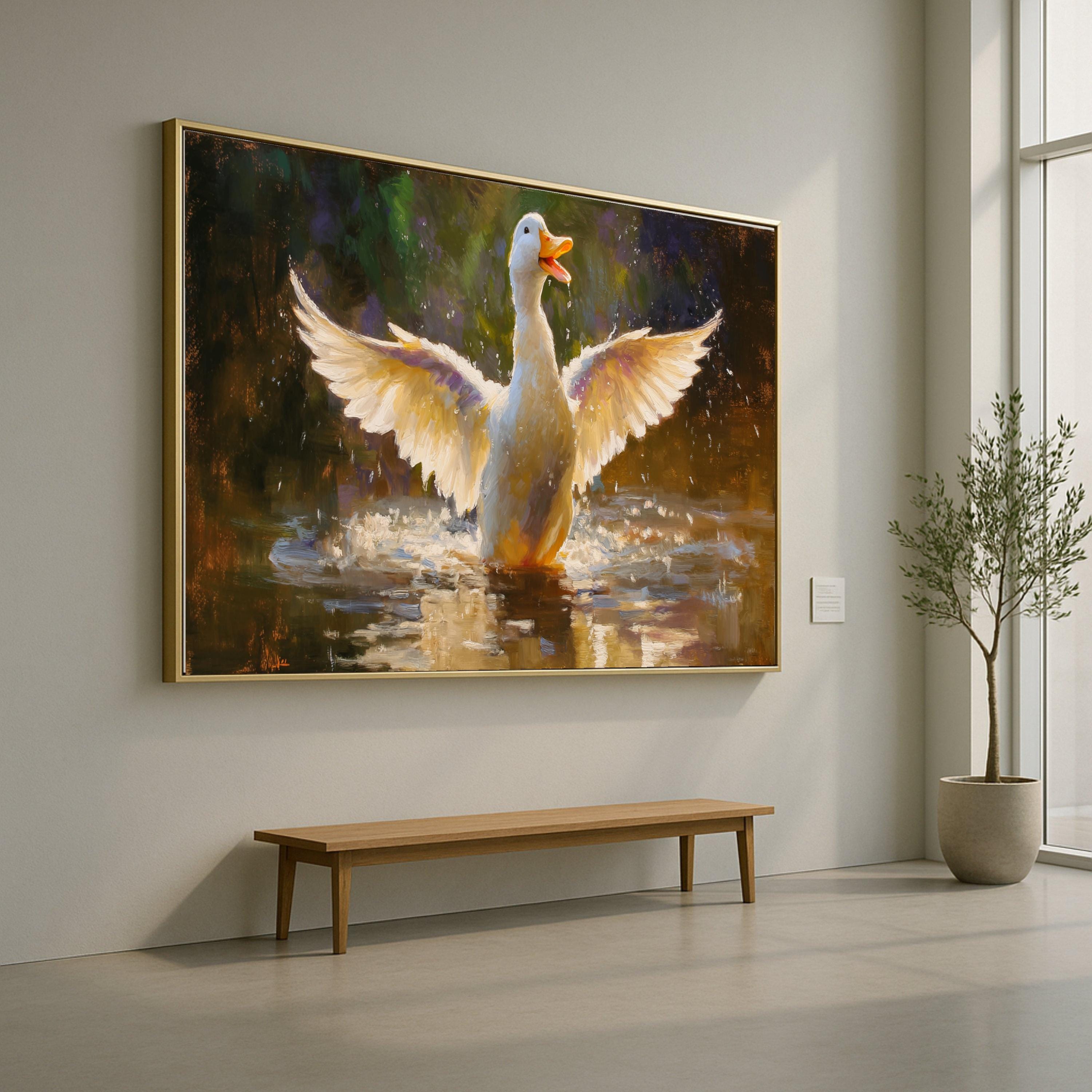 Joyful Duck in Water, Splashing Wings Canvas, Charming Animal Wall Art, Nature Wildlife Painting, Bright Pond Scene Decoration