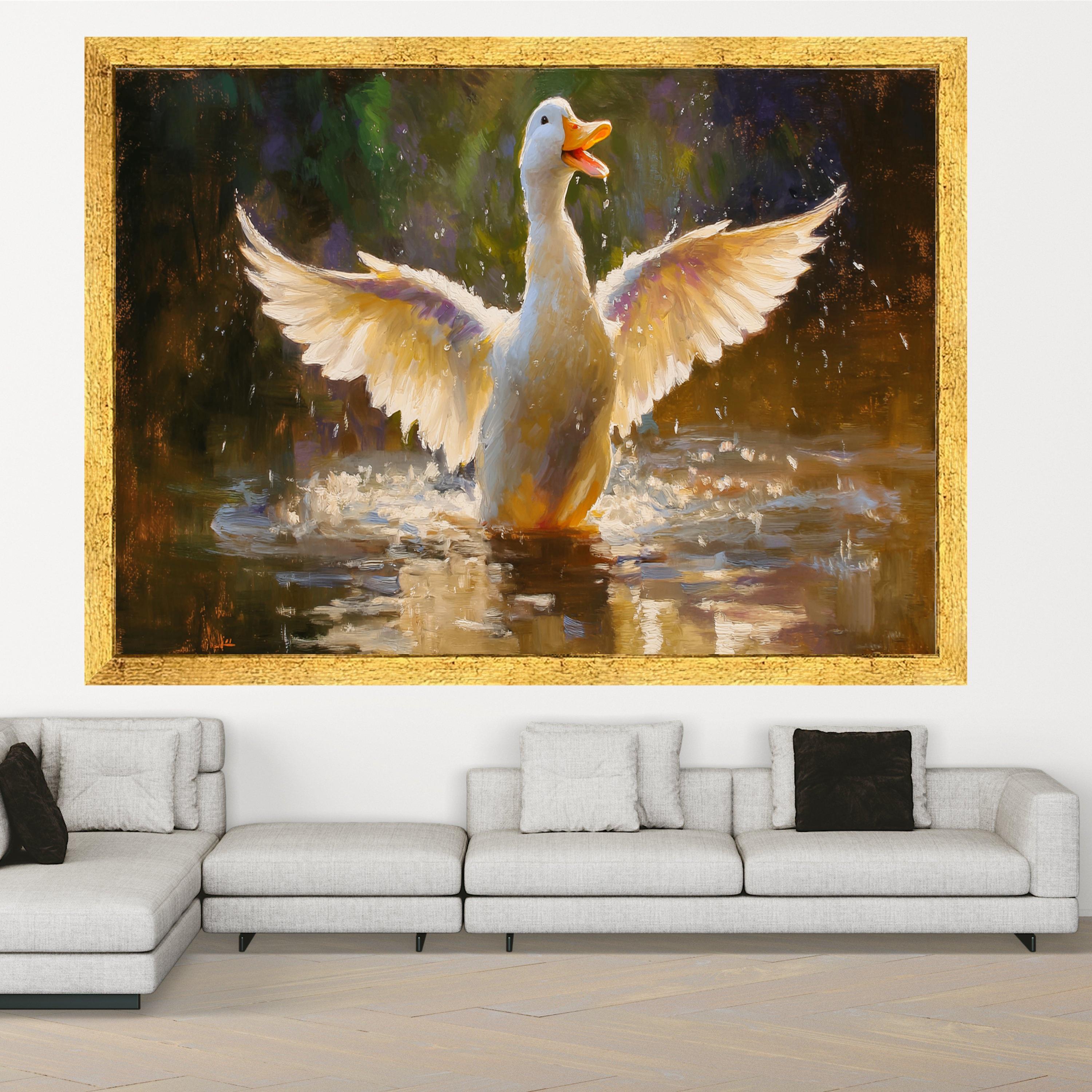 Joyful Duck in Water, Splashing Wings Canvas, Charming Animal Wall Art, Nature Wildlife Painting, Bright Pond Scene Decoration