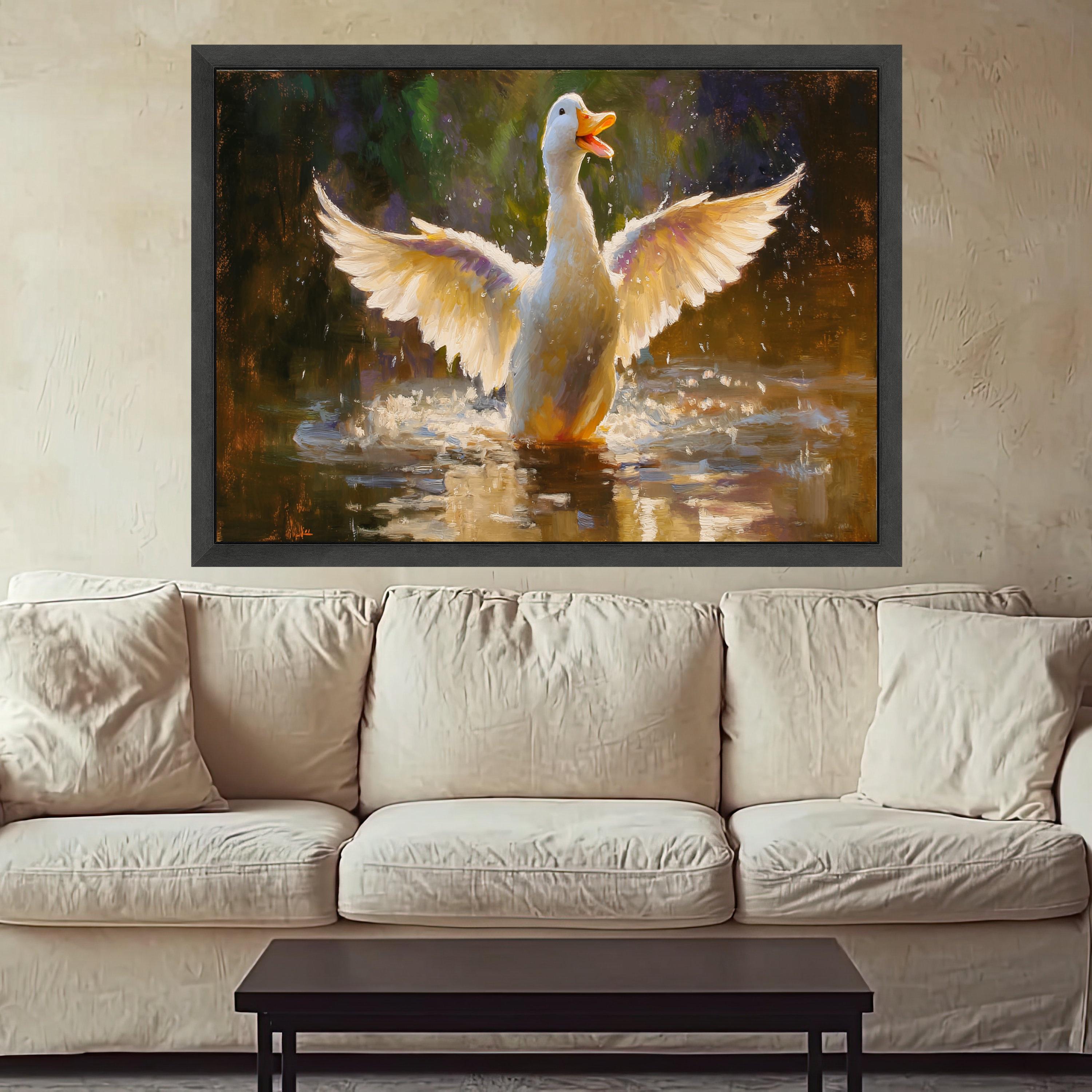 Joyful Duck in Water, Splashing Wings Canvas, Charming Animal Wall Art, Nature Wildlife Painting, Bright Pond Scene Decoration