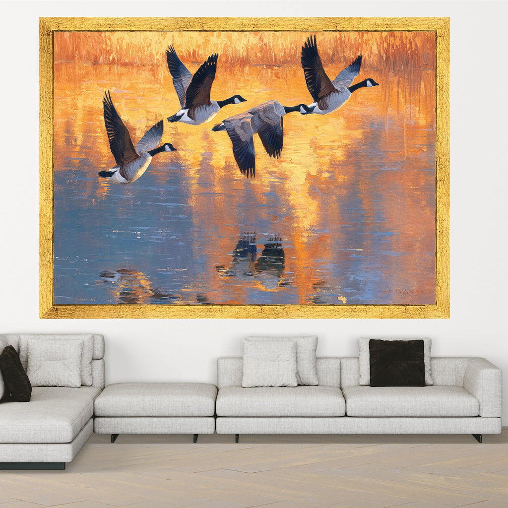 Flying Geese Canvas Wall Art, Sunset Reflection Painting, Wildlife Nature Canvas, Home Decor Landscape, Bird Migration Wall Art