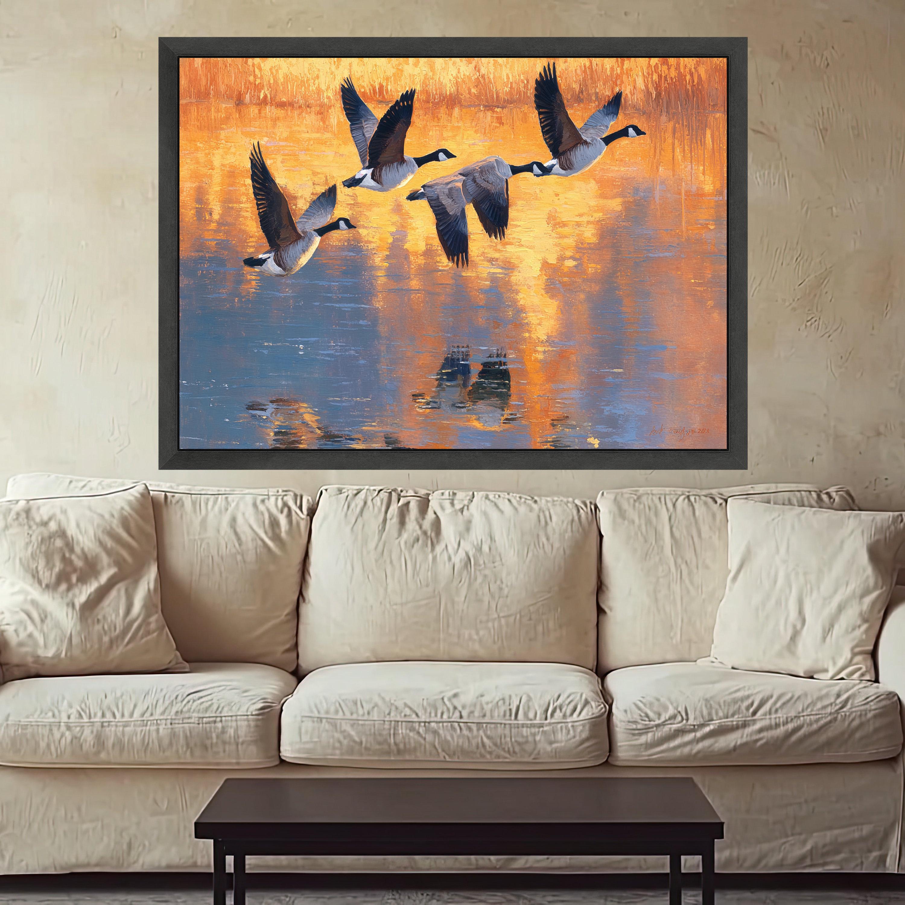 Flying Geese Canvas Wall Art, Sunset Reflection Painting, Wildlife Nature Canvas, Home Decor Landscape, Bird Migration Wall Art