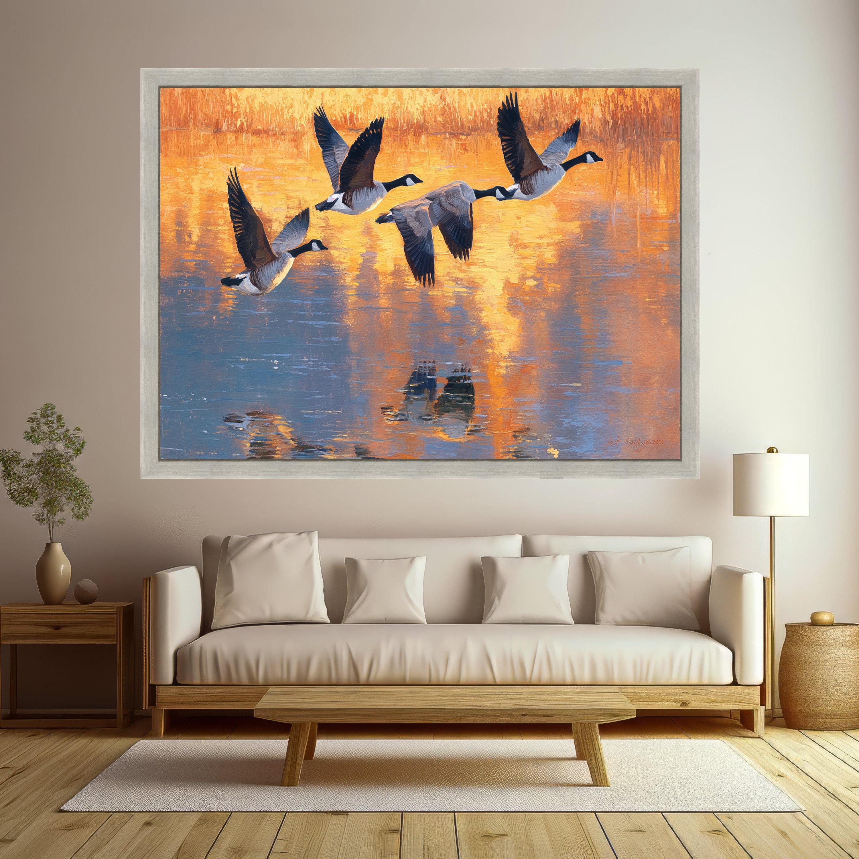 Flying Geese Canvas Wall Art, Sunset Reflection Painting, Wildlife Nature Canvas, Home Decor Landscape, Bird Migration Wall Art