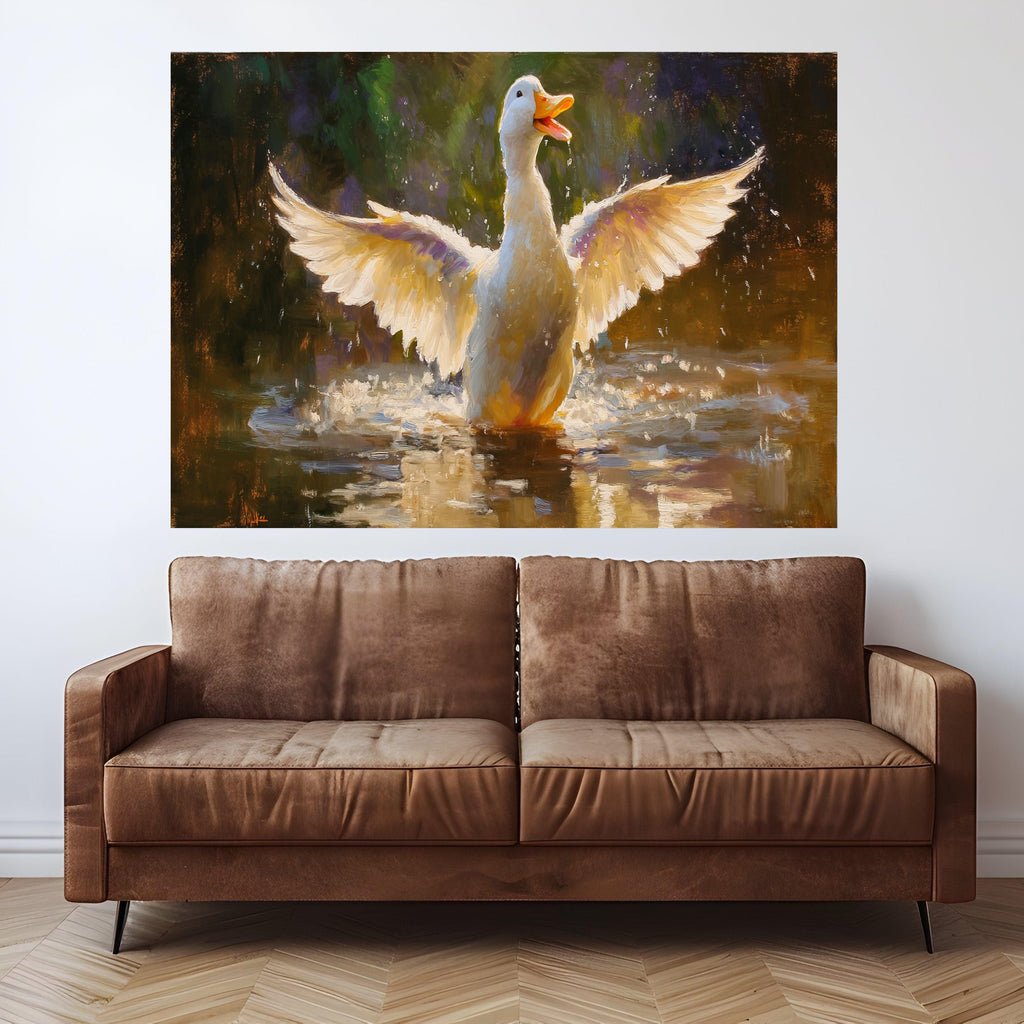 Joyful Duck in Water, Splashing Wings Canvas, Charming Animal Wall Art, Nature Wildlife Painting, Bright Pond Scene Decoration