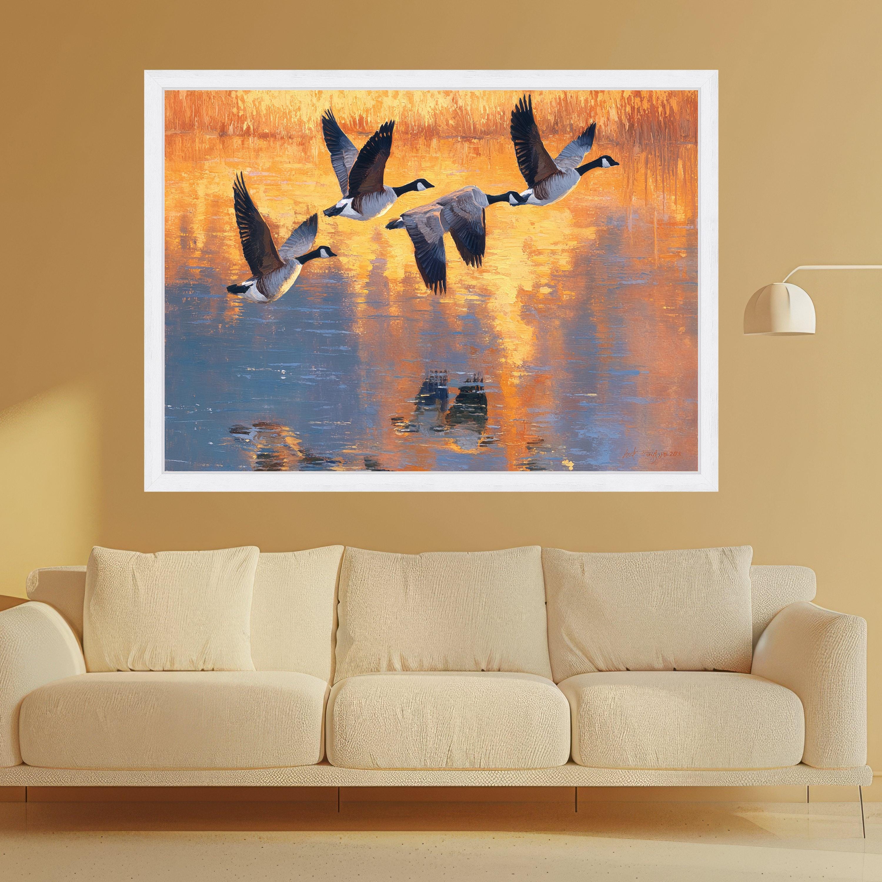 Flying Geese Canvas Wall Art, Sunset Reflection Painting, Wildlife Nature Canvas, Home Decor Landscape, Bird Migration Wall Art