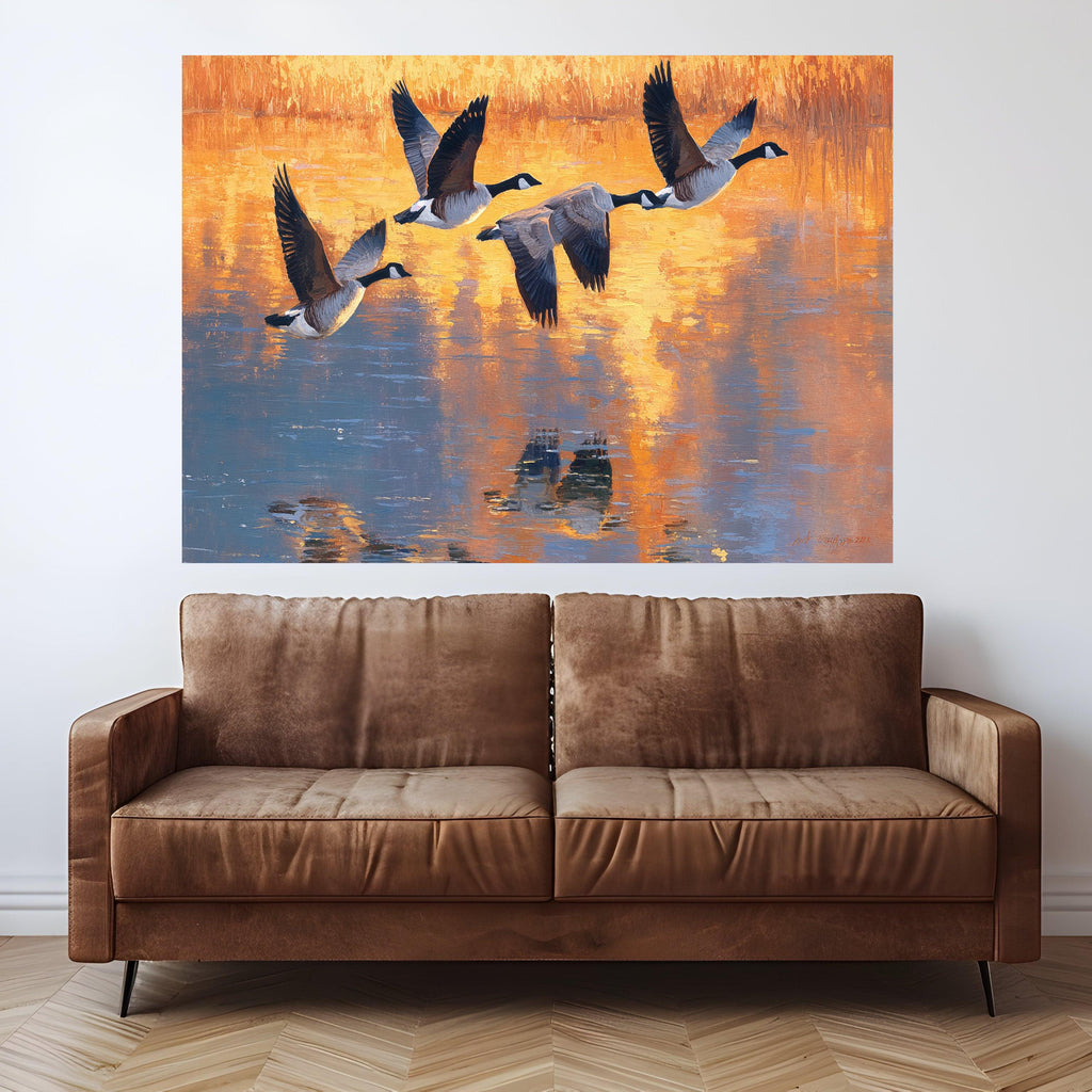 Flying Geese Canvas Wall Art, Sunset Reflection Painting, Wildlife Nature Canvas, Home Decor Landscape, Bird Migration Wall Art
