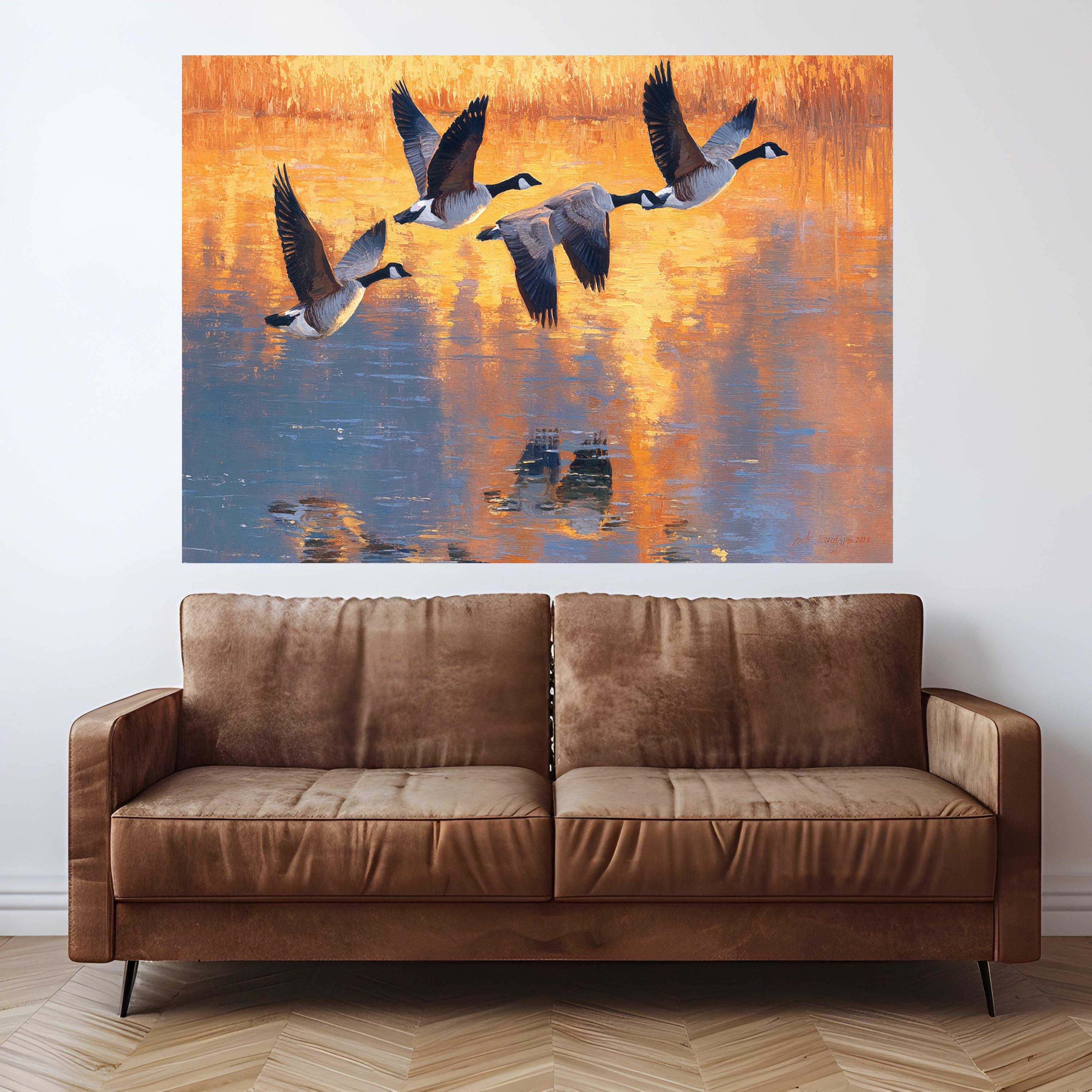 Flying Geese Canvas Wall Art, Sunset Reflection Painting, Wildlife Nature Canvas, Home Decor Landscape, Bird Migration Wall Art