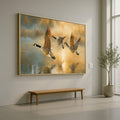 Golden Sunrise Canada Geese Flying Canvas, Nature Wildlife Wall Art, Tranquil Lake Reflection Painting, Rustic Home Decoration