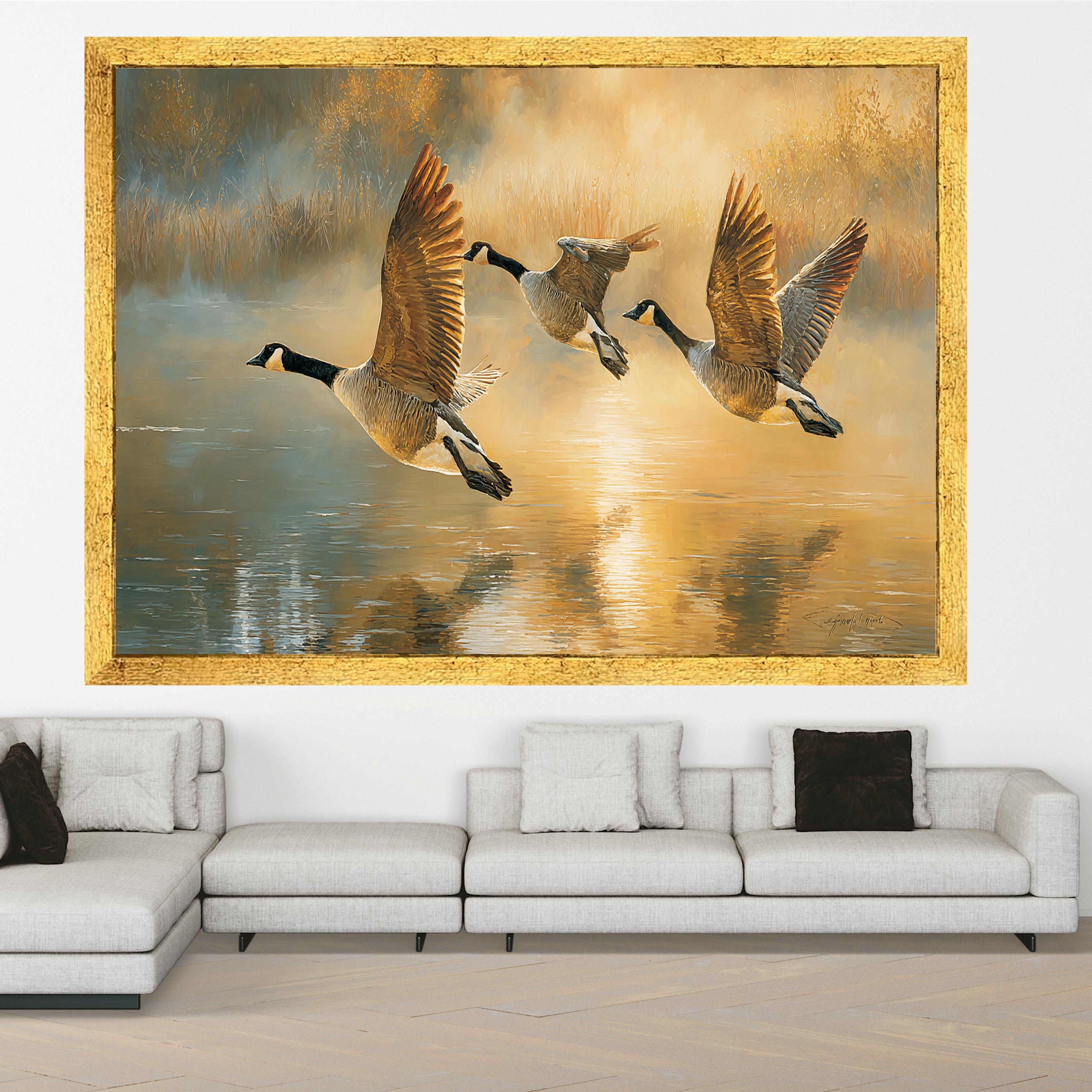 Golden Sunrise Canada Geese Flying Canvas, Nature Wildlife Wall Art, Tranquil Lake Reflection Painting, Rustic Home Decoration