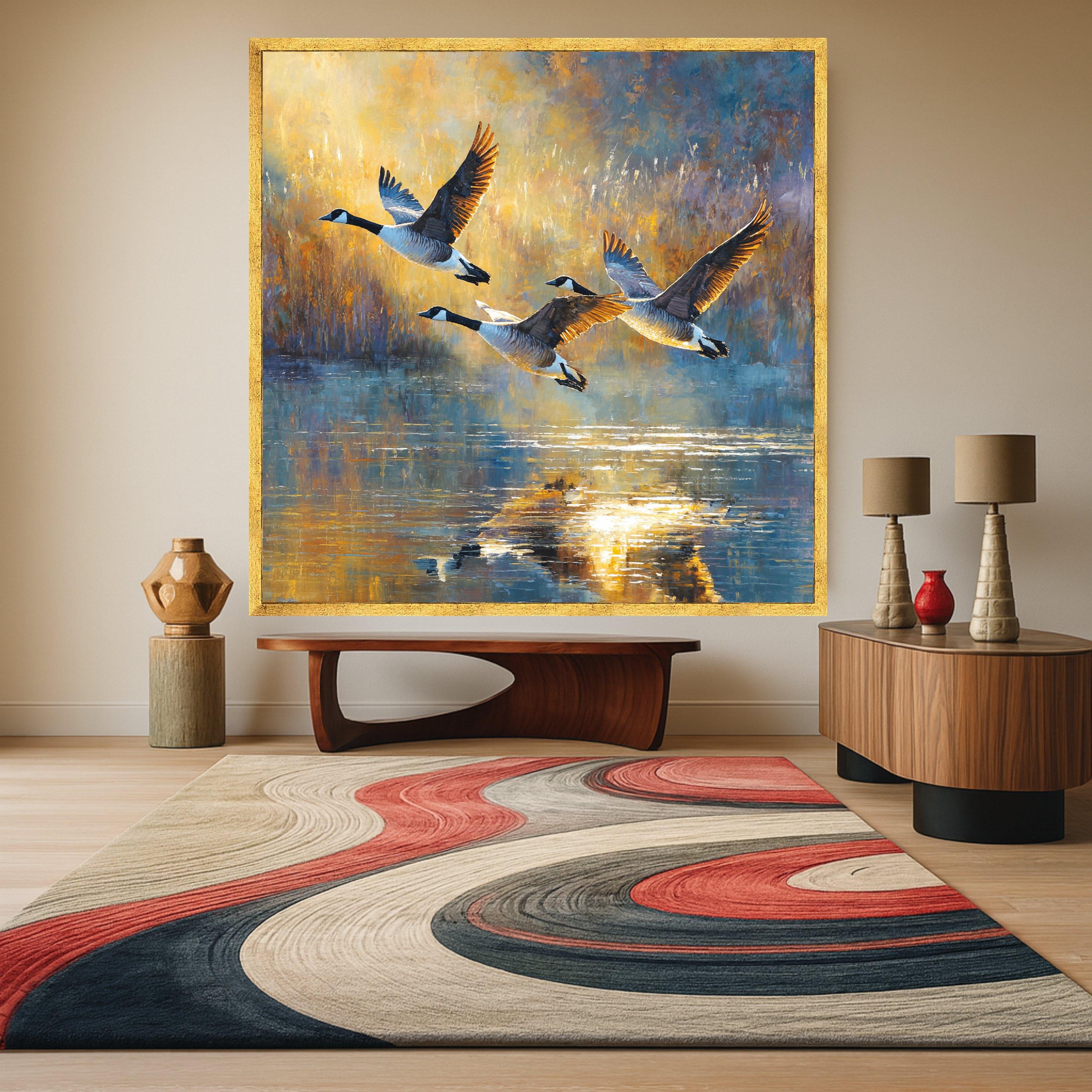 Flying Geese at Sunset Canvas Wall Art, Nature Wildlife Painting, Water Reflection Decor, Rustic Home Decoration, Outdoor Scenic Canvas