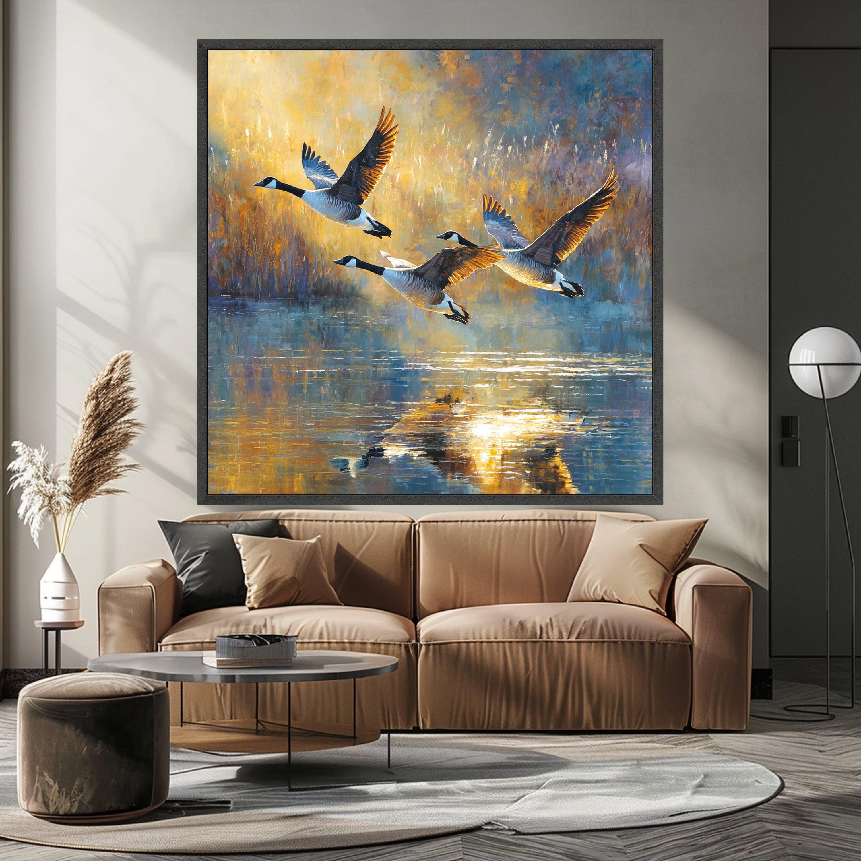 Flying Geese at Sunset Canvas Wall Art, Nature Wildlife Painting, Water Reflection Decor, Rustic Home Decoration, Outdoor Scenic Canvas