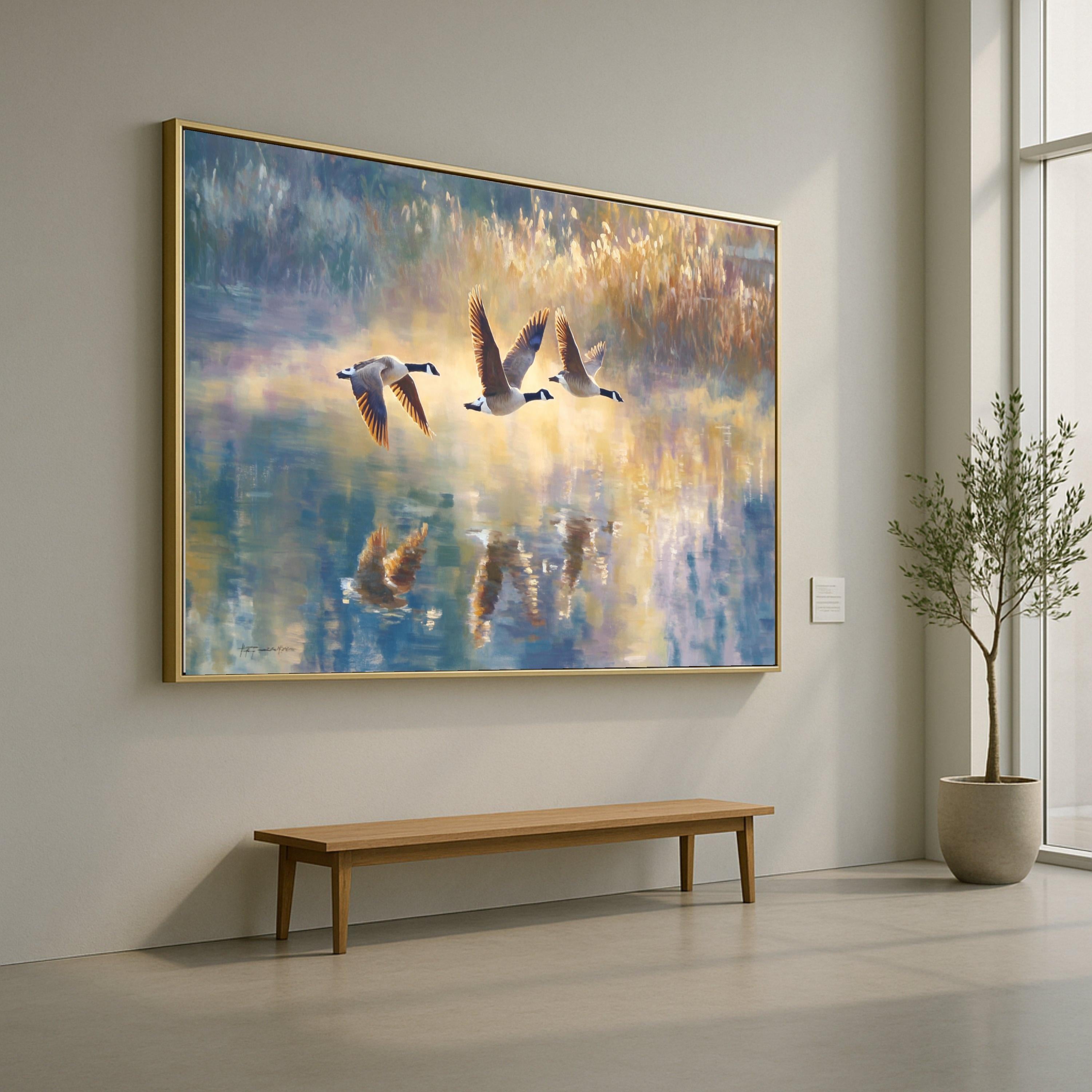 Canada Geese Flying Above Lake Canvas, Bird Wall Art, Nature Reflection Painting, Wildlife Landscape Canvas, Home Decor Art Print