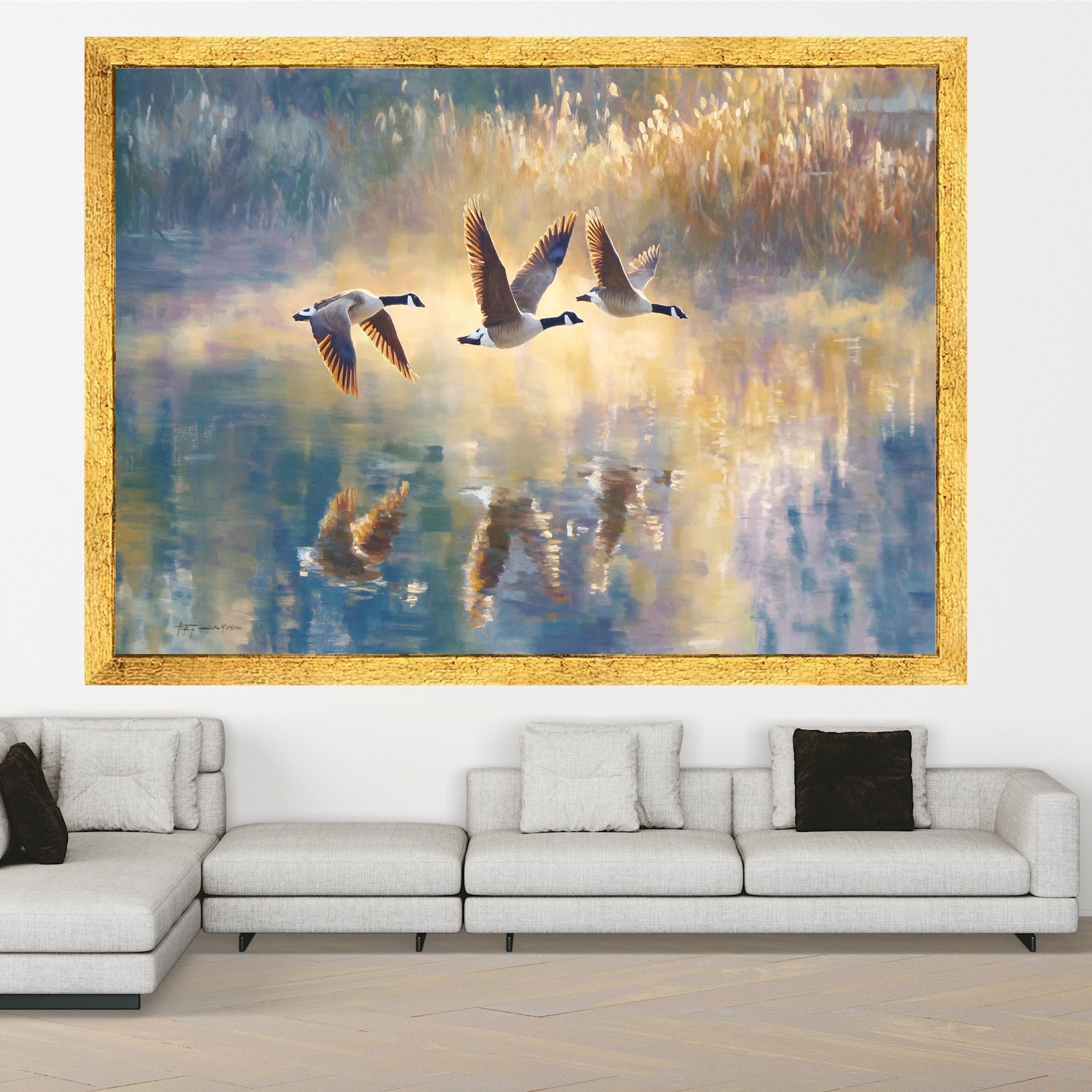 Canada Geese Flying Above Lake Canvas, Bird Wall Art, Nature Reflection Painting, Wildlife Landscape Canvas, Home Decor Art Print