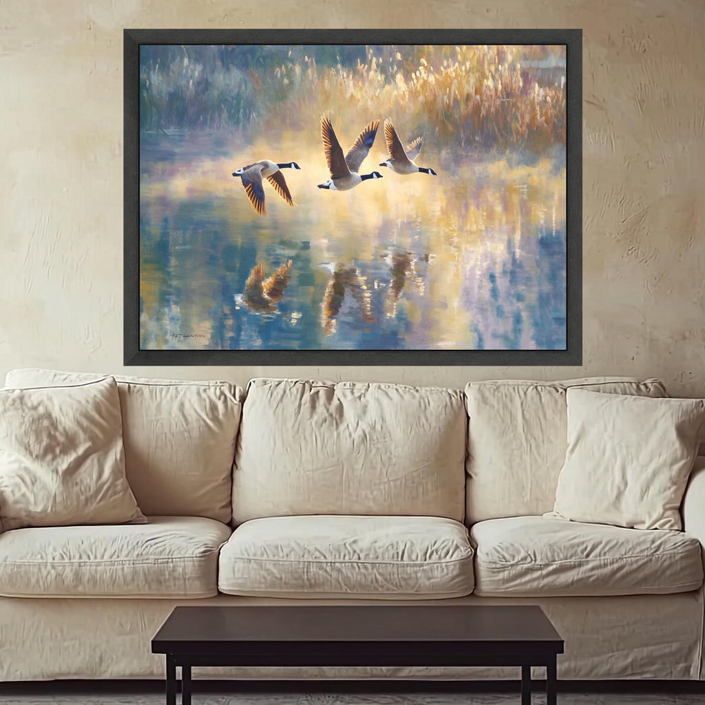 Canada Geese Flying Above Lake Canvas, Bird Wall Art, Nature Reflection Painting, Wildlife Landscape Canvas, Home Decor Art Print