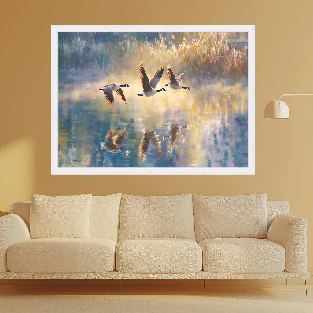 Canada Geese Flying Above Lake Canvas, Bird Wall Art, Nature Reflection Painting, Wildlife Landscape Canvas, Home Decor Art Print