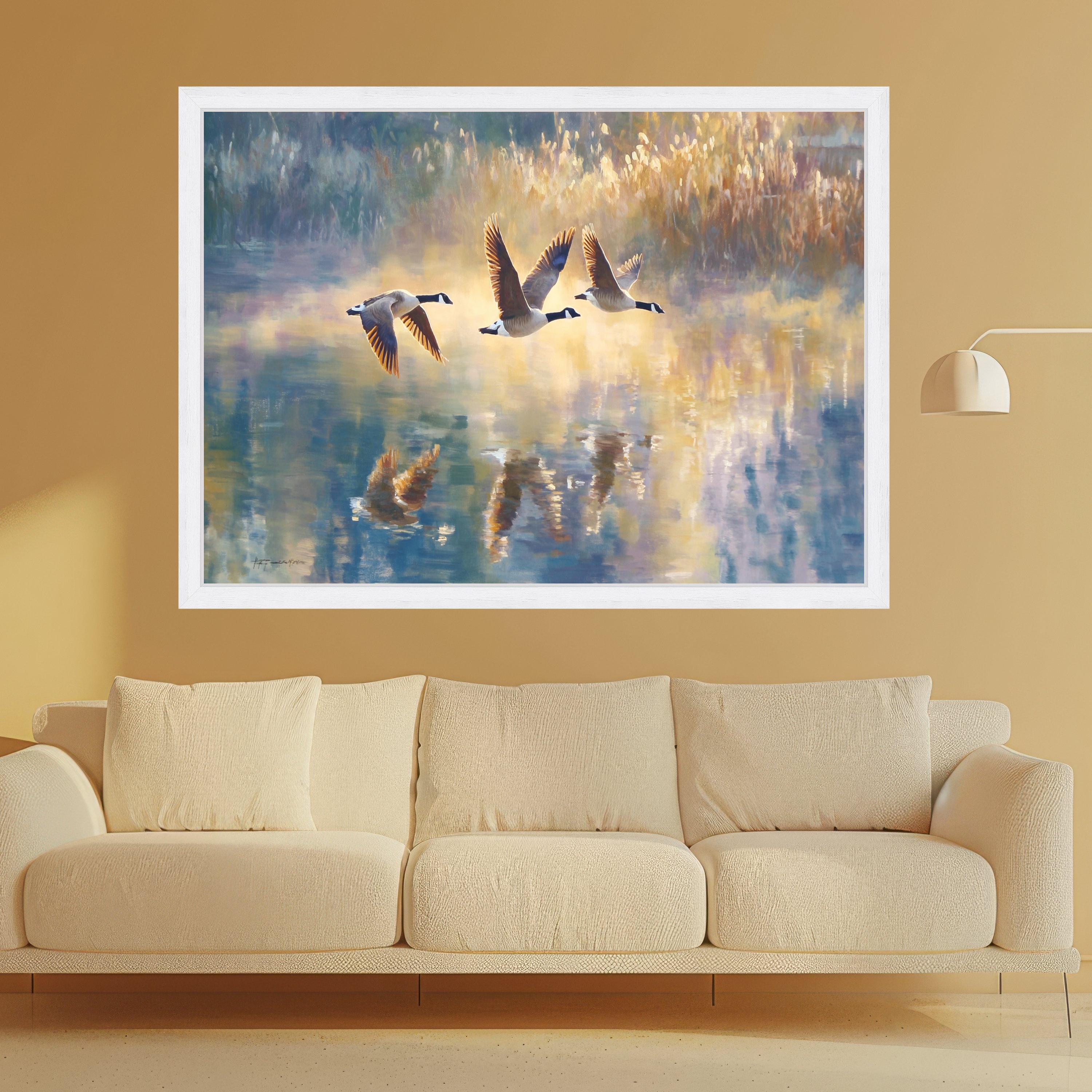 Canada Geese Flying Above Lake Canvas, Bird Wall Art, Nature Reflection Painting, Wildlife Landscape Canvas, Home Decor Art Print