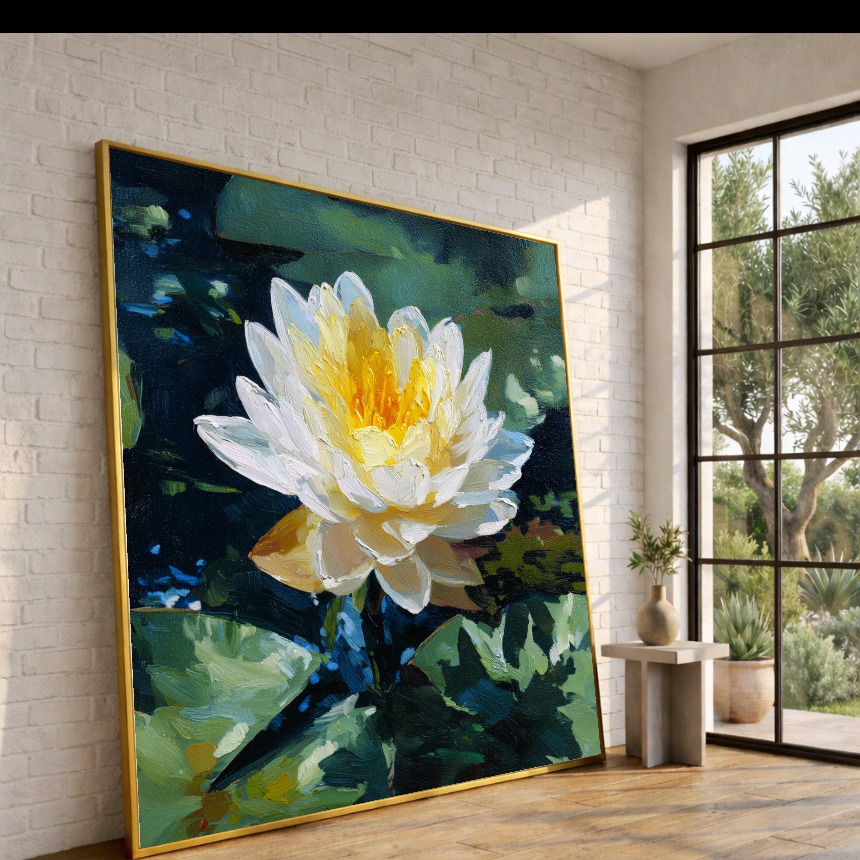Luminous Water Lily Canvas, Floral Nature Wall Art, Yellow White Flower, Pond Scene Print, Botanical Canvas Decoration