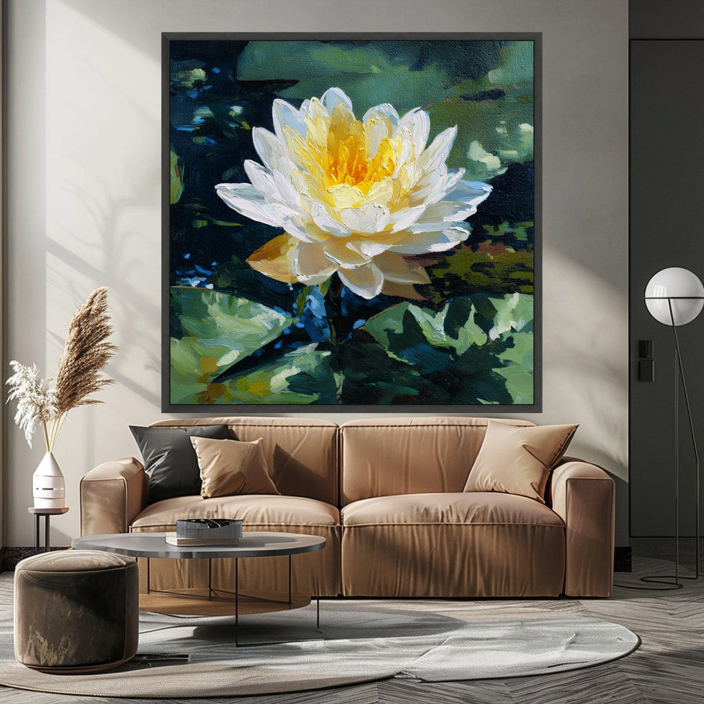 Luminous Water Lily Canvas, Floral Nature Wall Art, Yellow White Flower, Pond Scene Print, Botanical Canvas Decoration