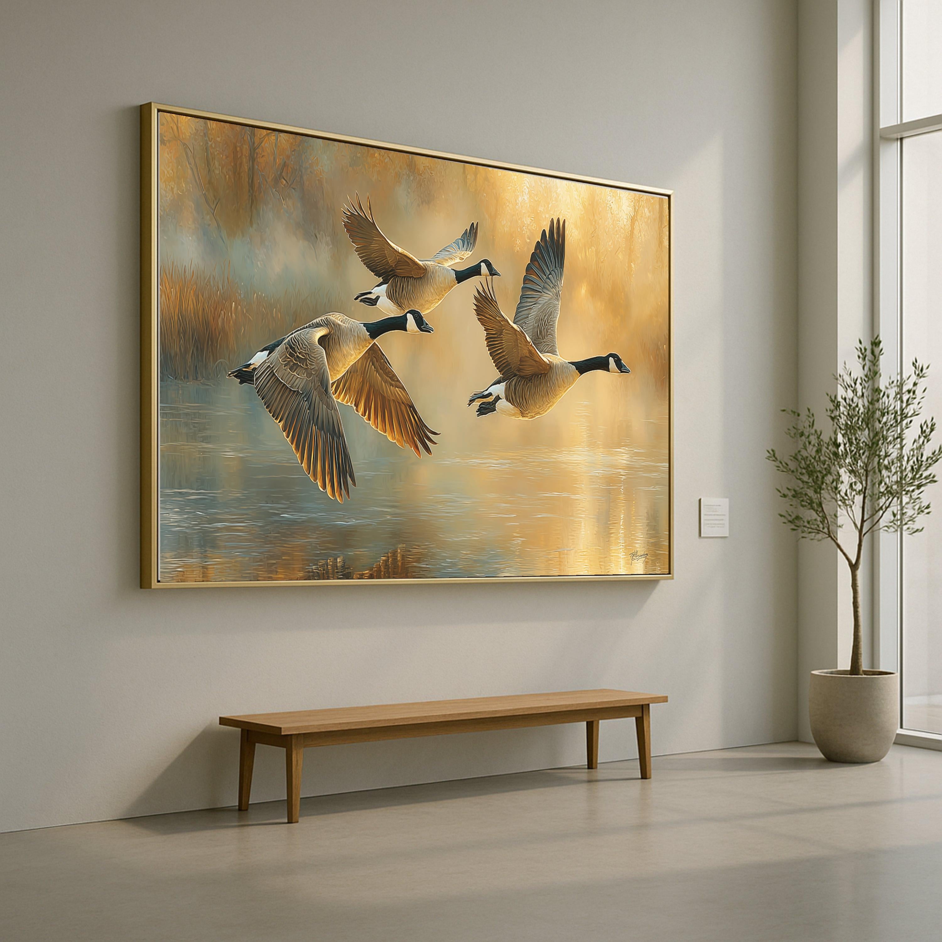 Canada Geese Flying Over Lake Canvas, Nature Wildlife Wall Art, Golden Hour Landscape, Waterfowl Decor, Rustic Home Decoration