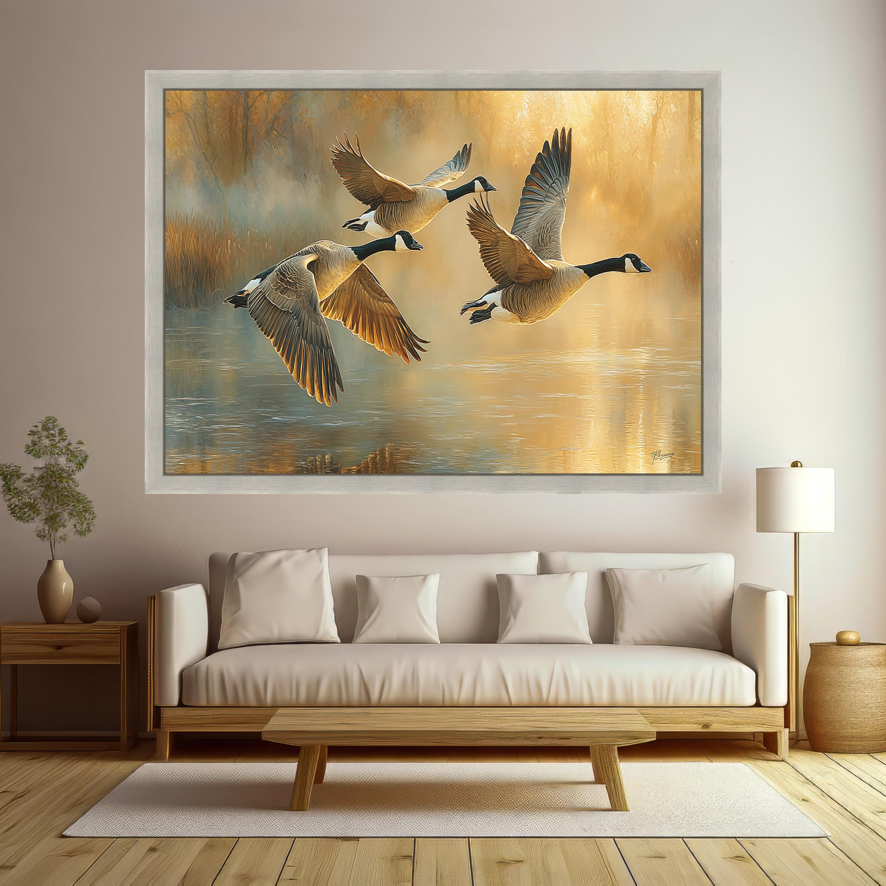 Canada Geese Flying Over Lake Canvas, Nature Wildlife Wall Art, Golden Hour Landscape, Waterfowl Decor, Rustic Home Decoration
