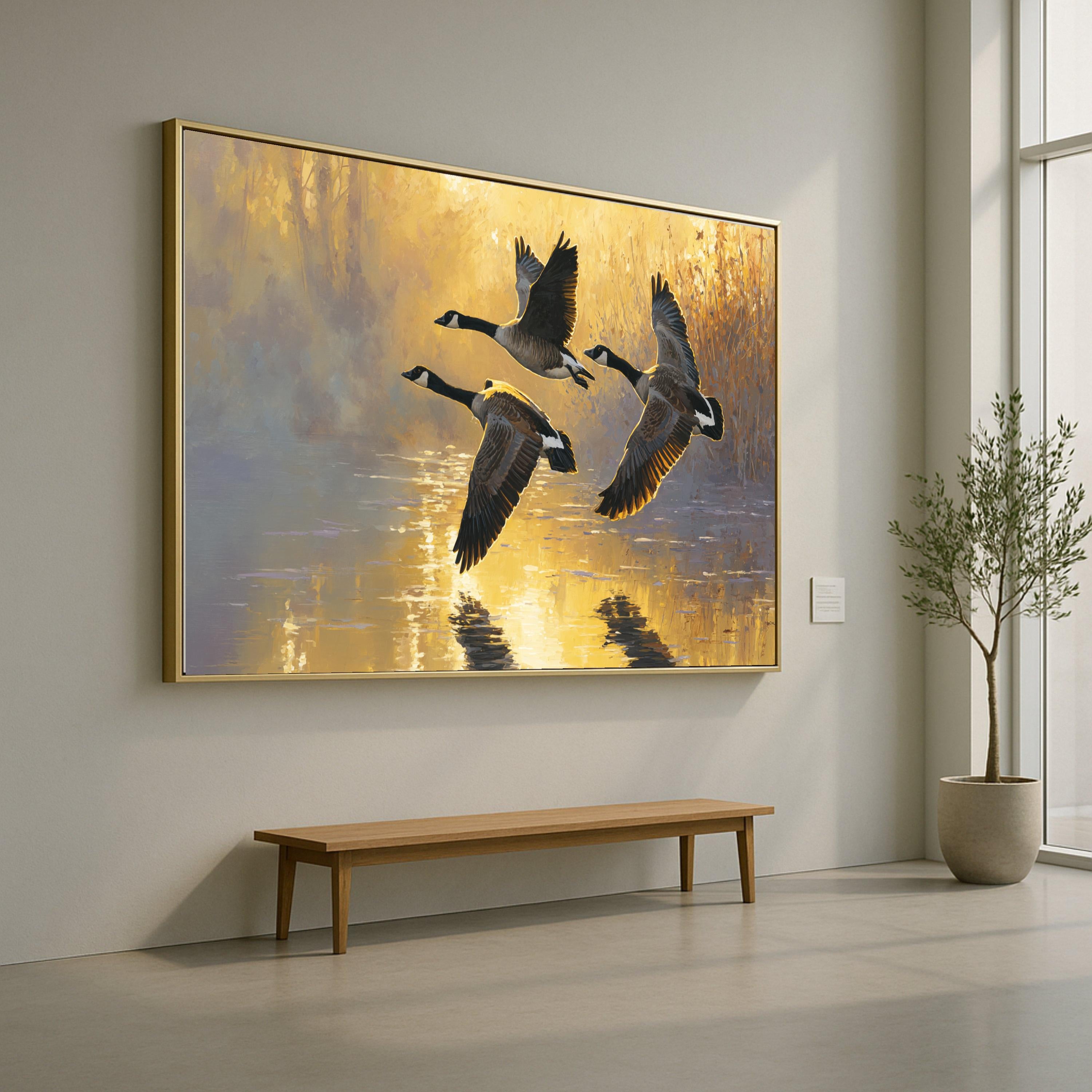 Flying Canada Geese Canvas Wall Art, Golden Sunrise Nature Scene, Water Reflection Painting, Wildlife Home Decor, Tranquil Landscape Canvas