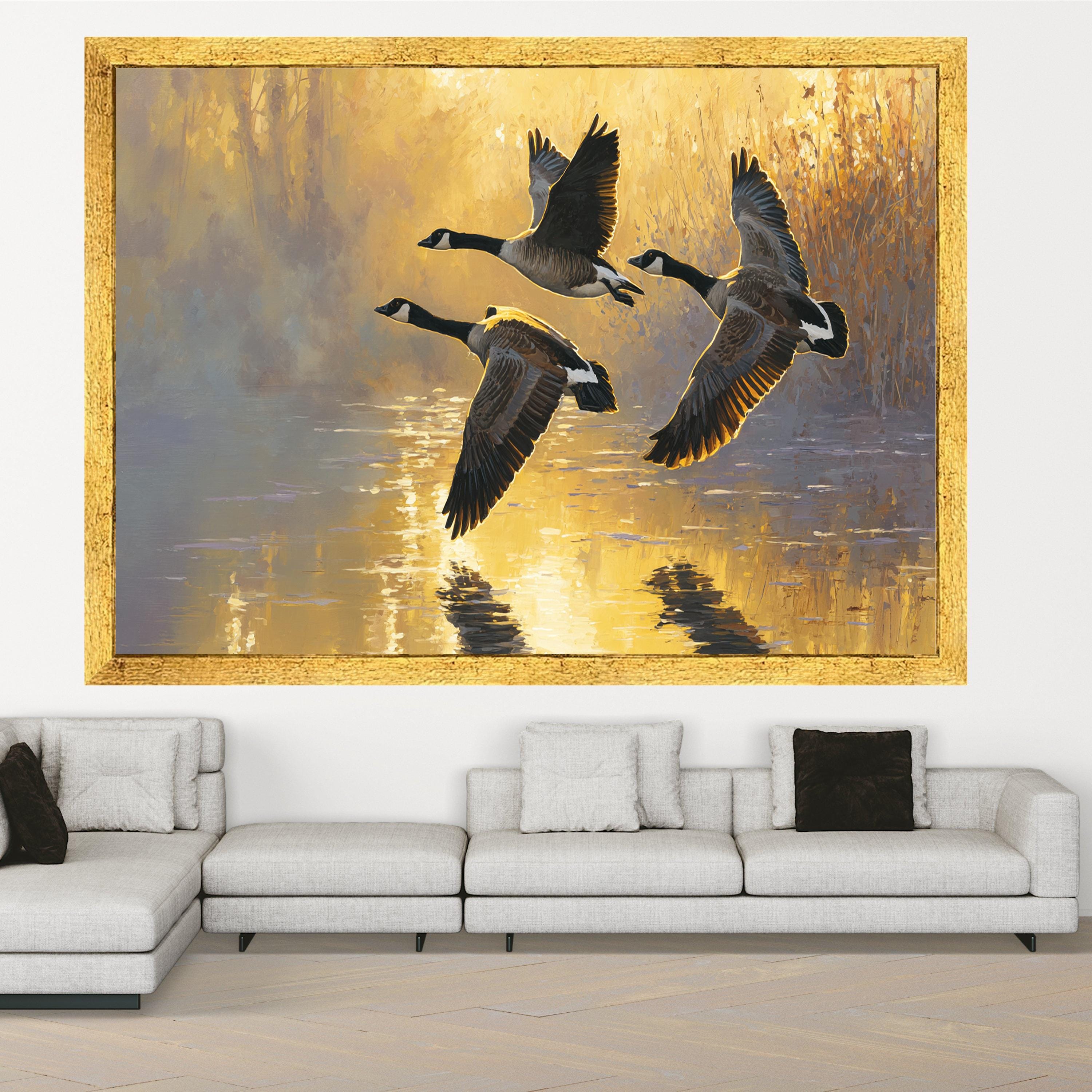 Flying Canada Geese Canvas Wall Art, Golden Sunrise Nature Scene, Water Reflection Painting, Wildlife Home Decor, Tranquil Landscape Canvas