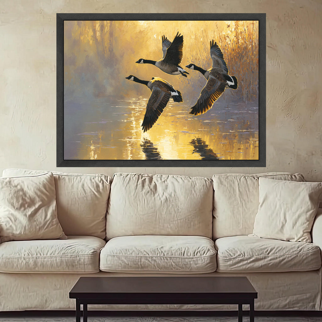 Flying Canada Geese Canvas Wall Art, Golden Sunrise Nature Scene, Water Reflection Painting, Wildlife Home Decor, Tranquil Landscape Canvas