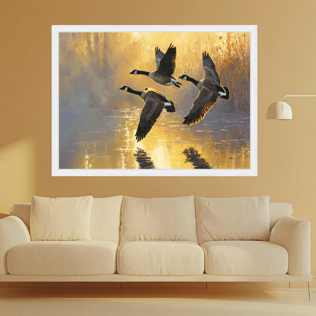 Flying Canada Geese Canvas Wall Art, Golden Sunrise Nature Scene, Water Reflection Painting, Wildlife Home Decor, Tranquil Landscape Canvas