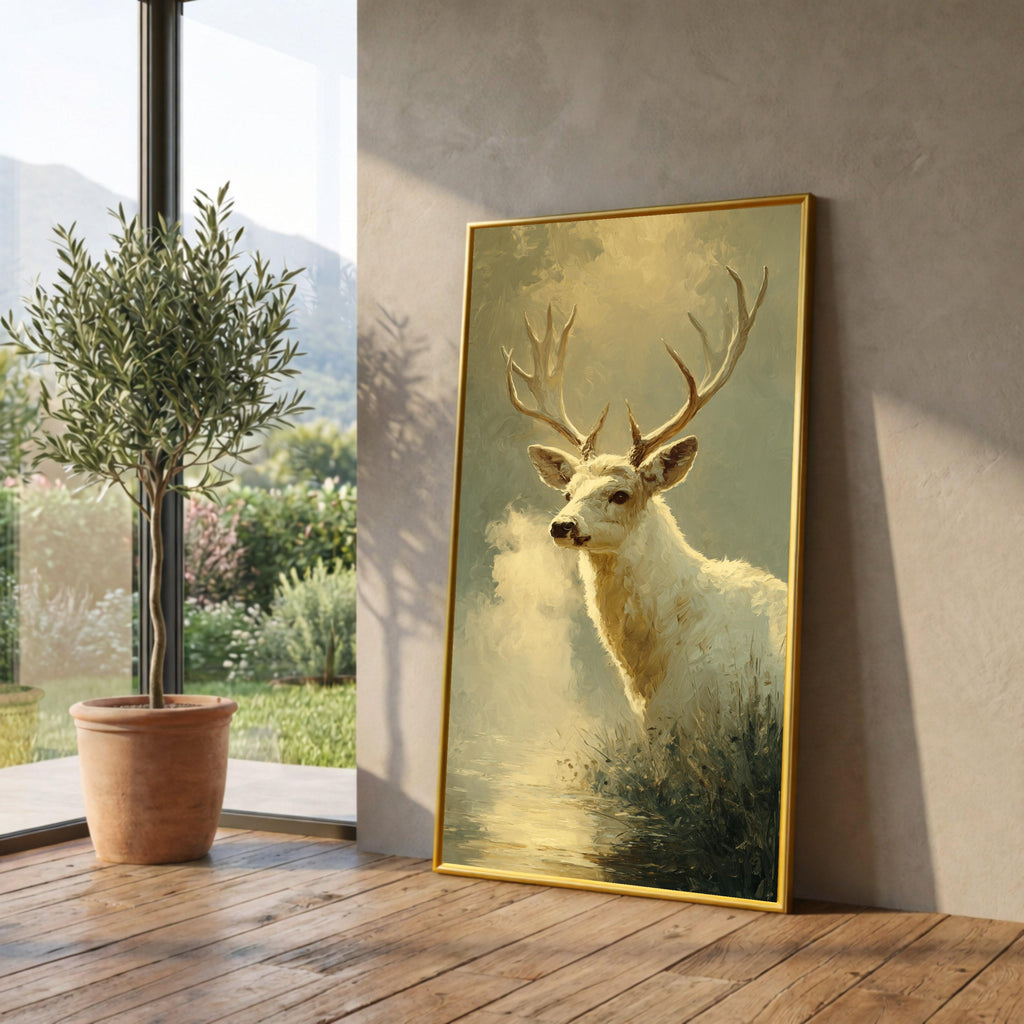 Majestic White Deer Canvas Wall Art, Nature Wildlife Painting, Rustic Forest Decor, Animal Canvas Print, Tranquil Woodland Scene