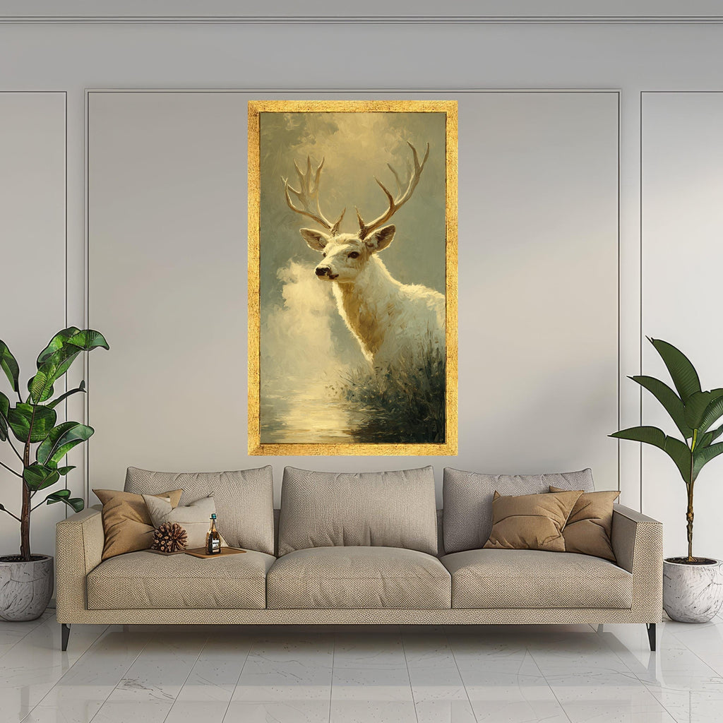 Majestic White Deer Canvas Wall Art, Nature Wildlife Painting, Rustic Forest Decor, Animal Canvas Print, Tranquil Woodland Scene
