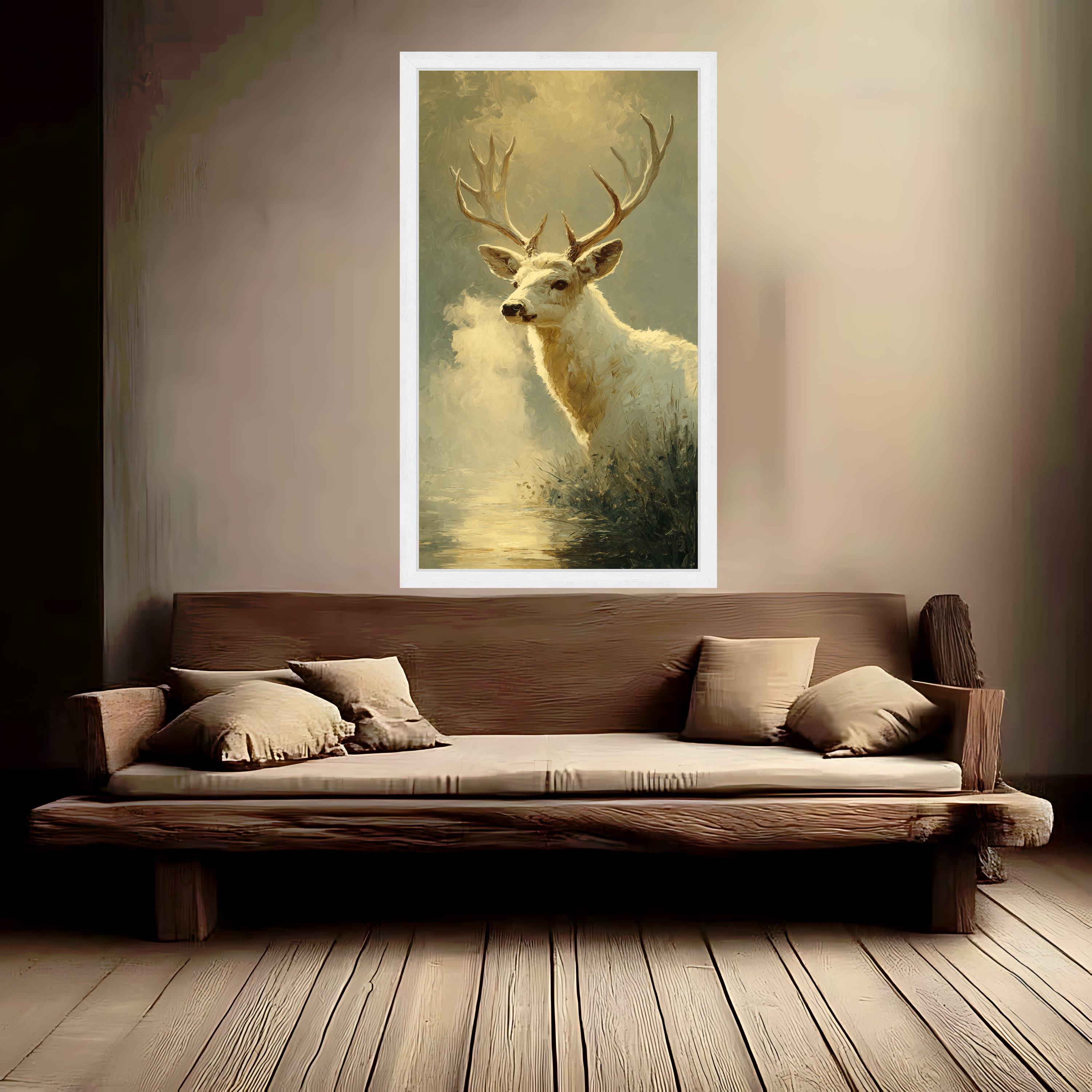Majestic White Deer Canvas Wall Art, Nature Wildlife Painting, Rustic Forest Decor, Animal Canvas Print, Tranquil Woodland Scene