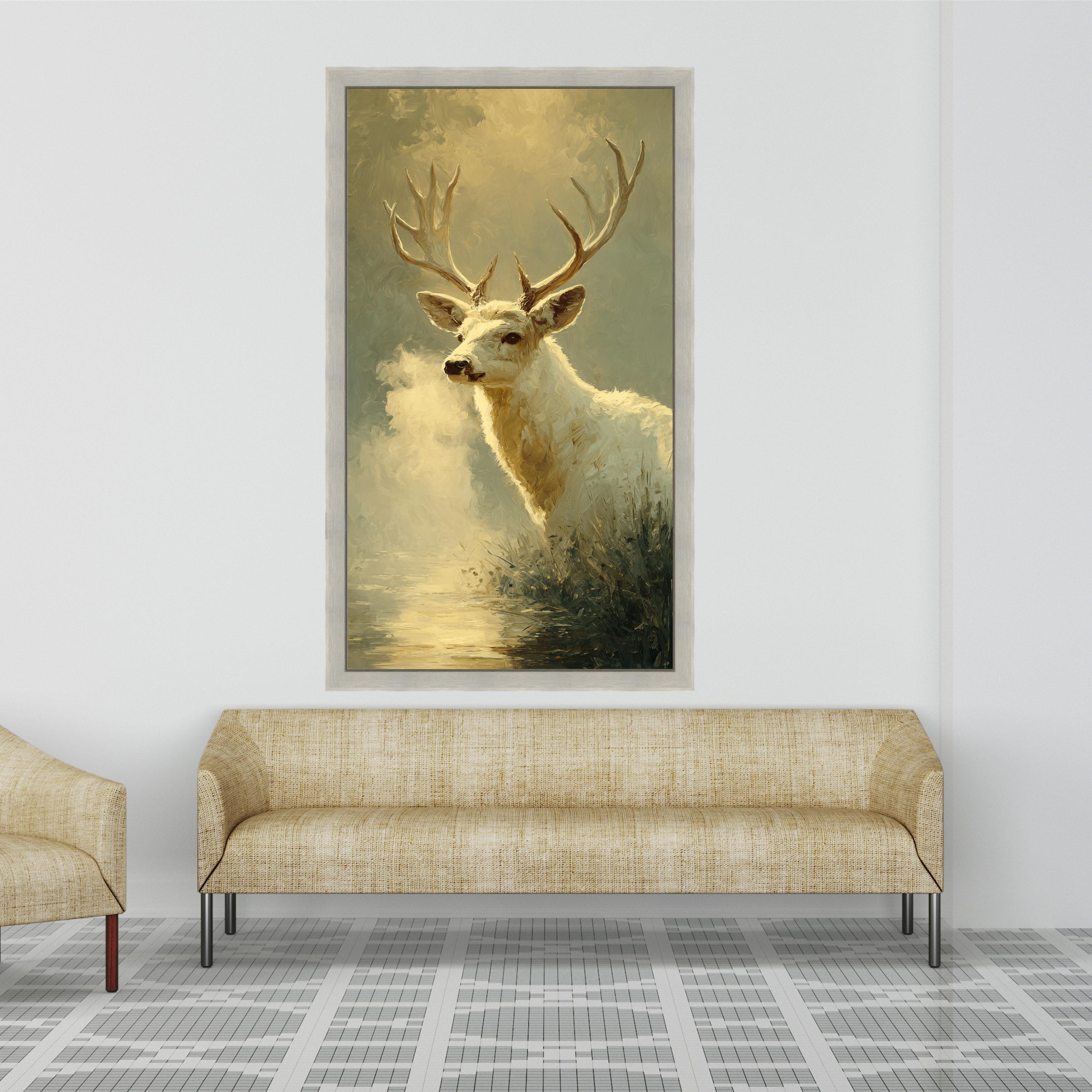 Majestic White Deer Canvas Wall Art, Nature Wildlife Painting, Rustic Forest Decor, Animal Canvas Print, Tranquil Woodland Scene