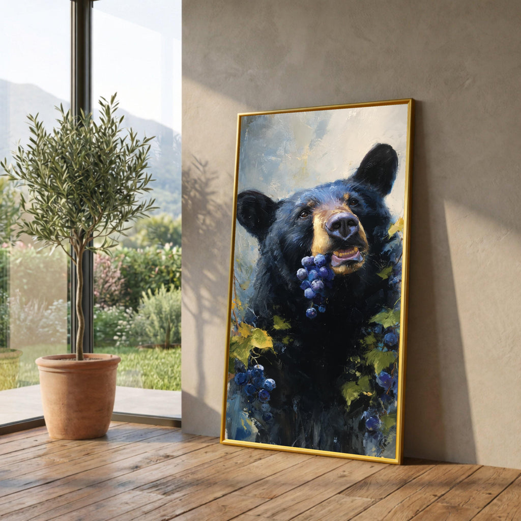 Playful Black Bear with Grapes Canvas, Wildlife Animal Art, Nature Scene Wall Decor, Rustic Cabin Canvas Art, Forest Life Painting