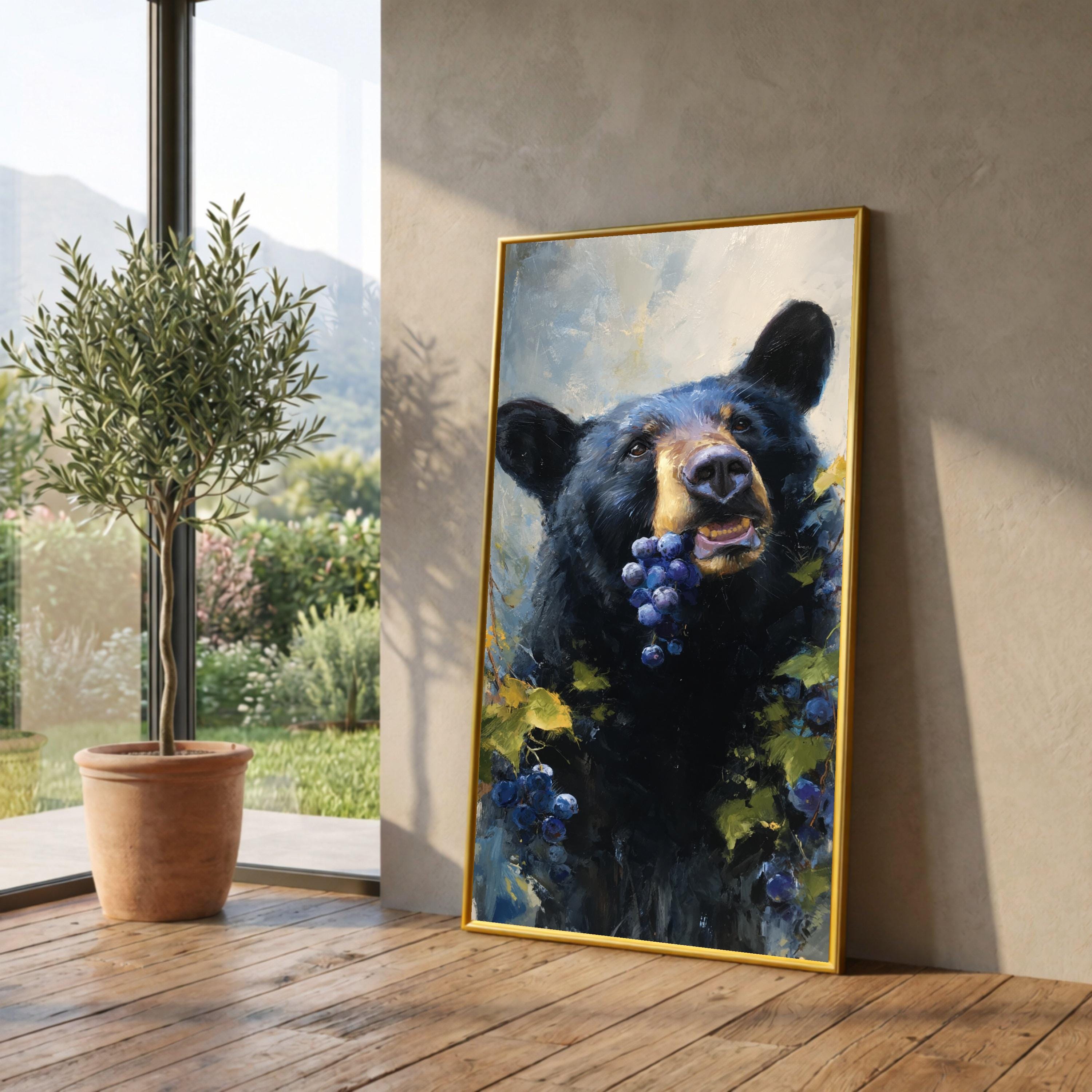 Playful Black Bear with Grapes Canvas, Wildlife Animal Art, Nature Scene Wall Decor, Rustic Cabin Canvas Art, Forest Life Painting