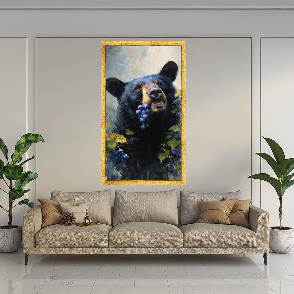 Playful Black Bear with Grapes Canvas, Wildlife Animal Art, Nature Scene Wall Decor, Rustic Cabin Canvas Art, Forest Life Painting