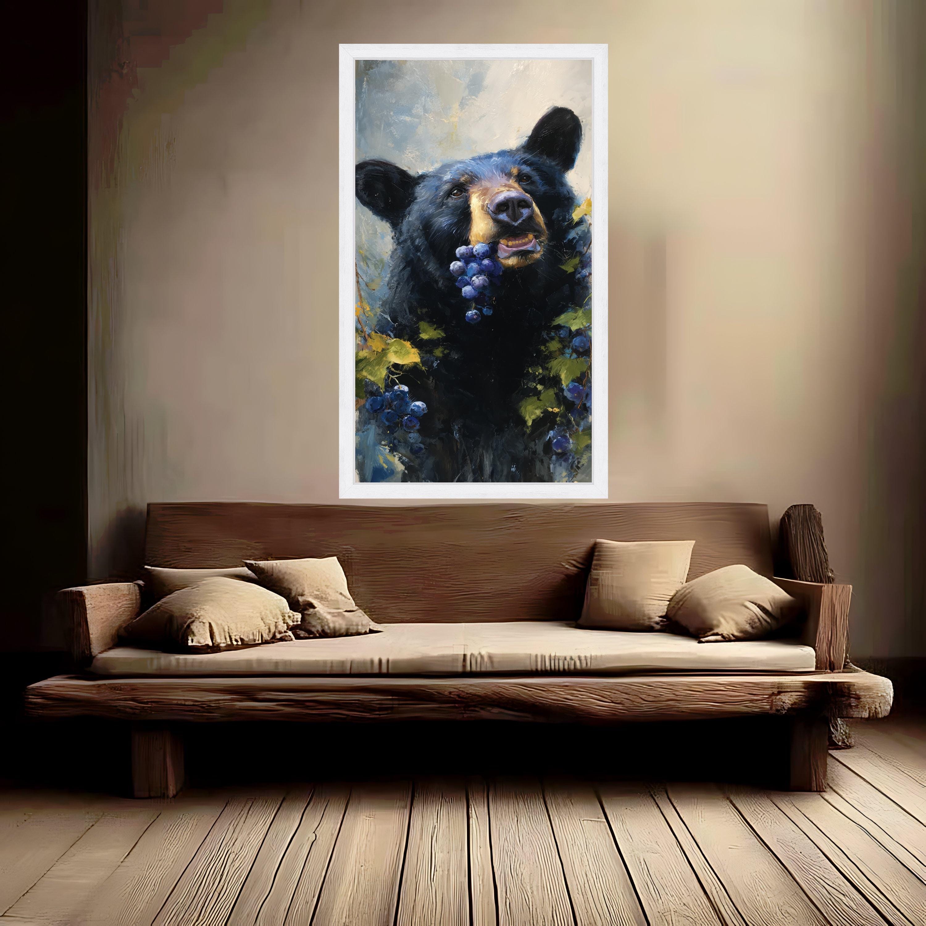 Playful Black Bear with Grapes Canvas, Wildlife Animal Art, Nature Scene Wall Decor, Rustic Cabin Canvas Art, Forest Life Painting